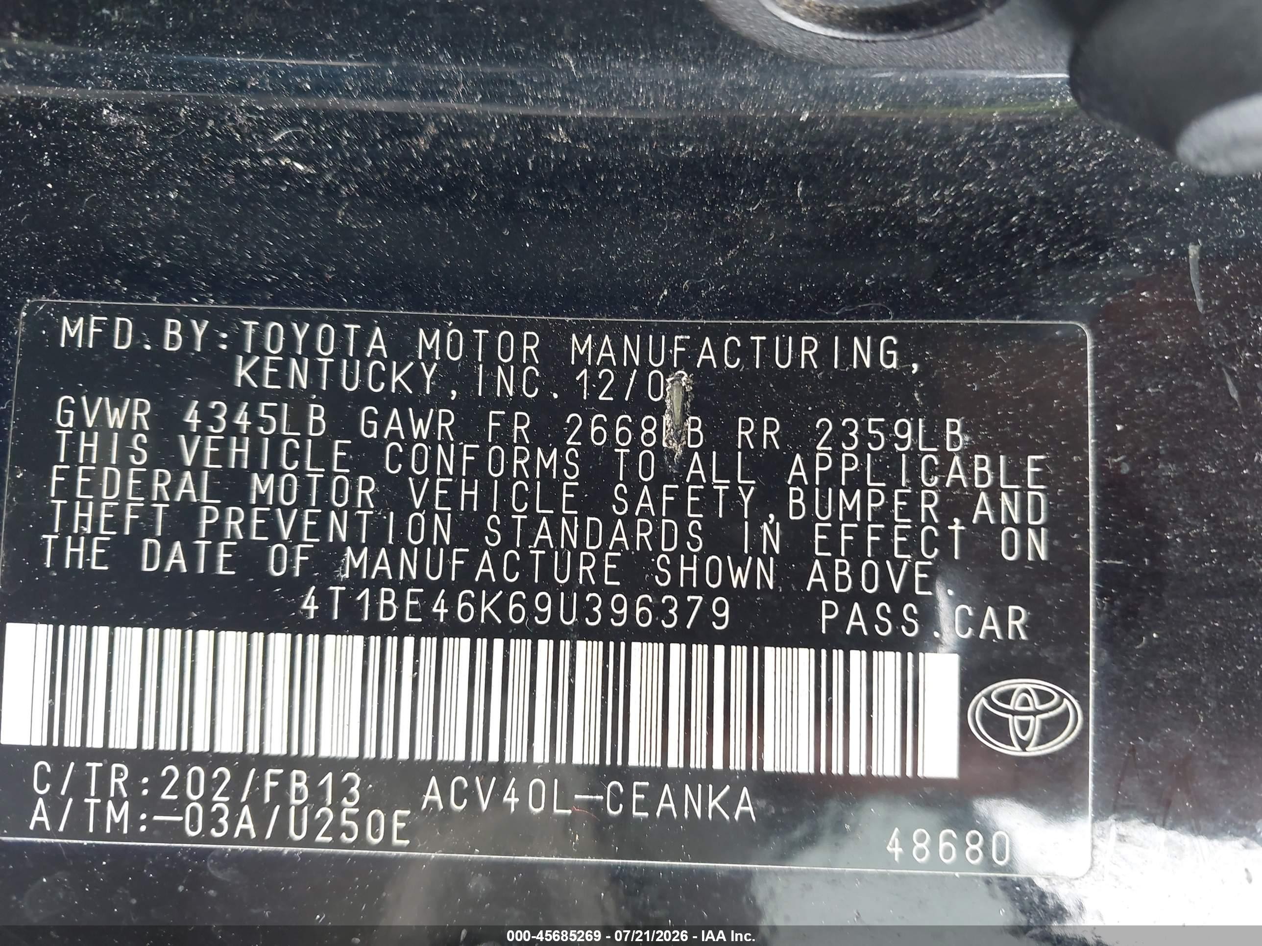 2009 Toyota Camry Le Black vin: 4T1BE46K69U396379