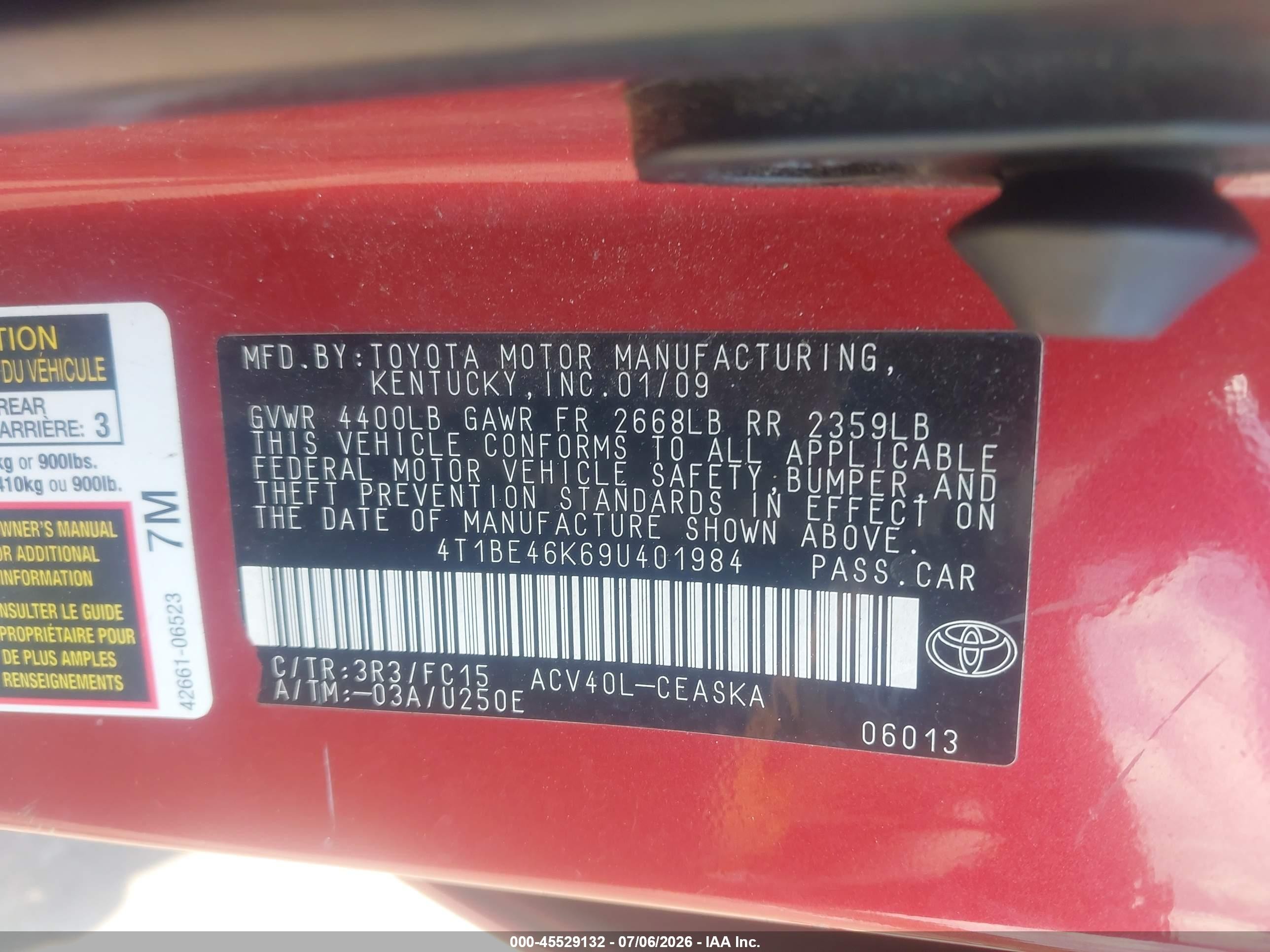 2009 Toyota Camry Se Red vin: 4T1BE46K69U401984