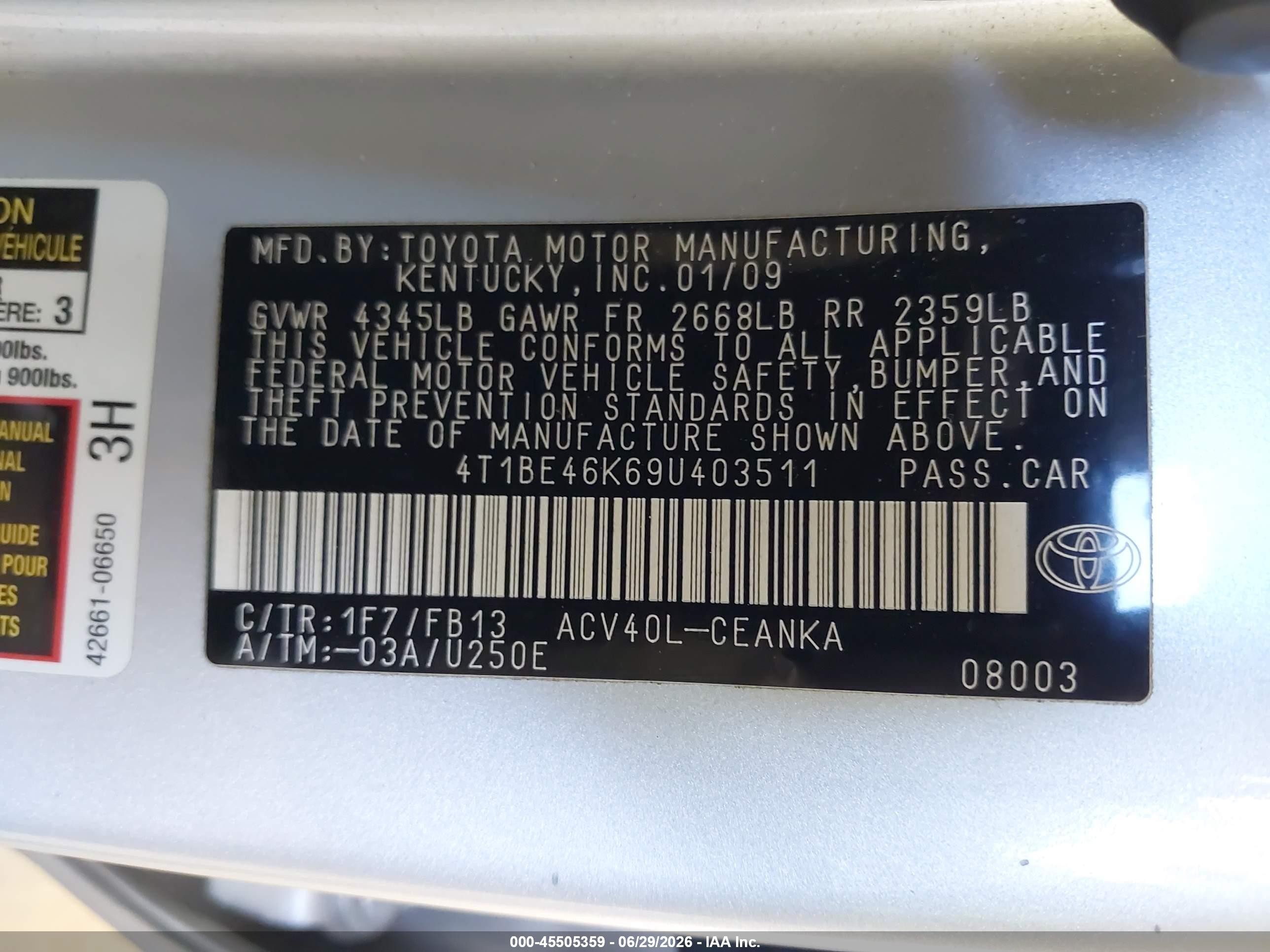 2009 Toyota Camry Le Silver vin: 4T1BE46K69U403511