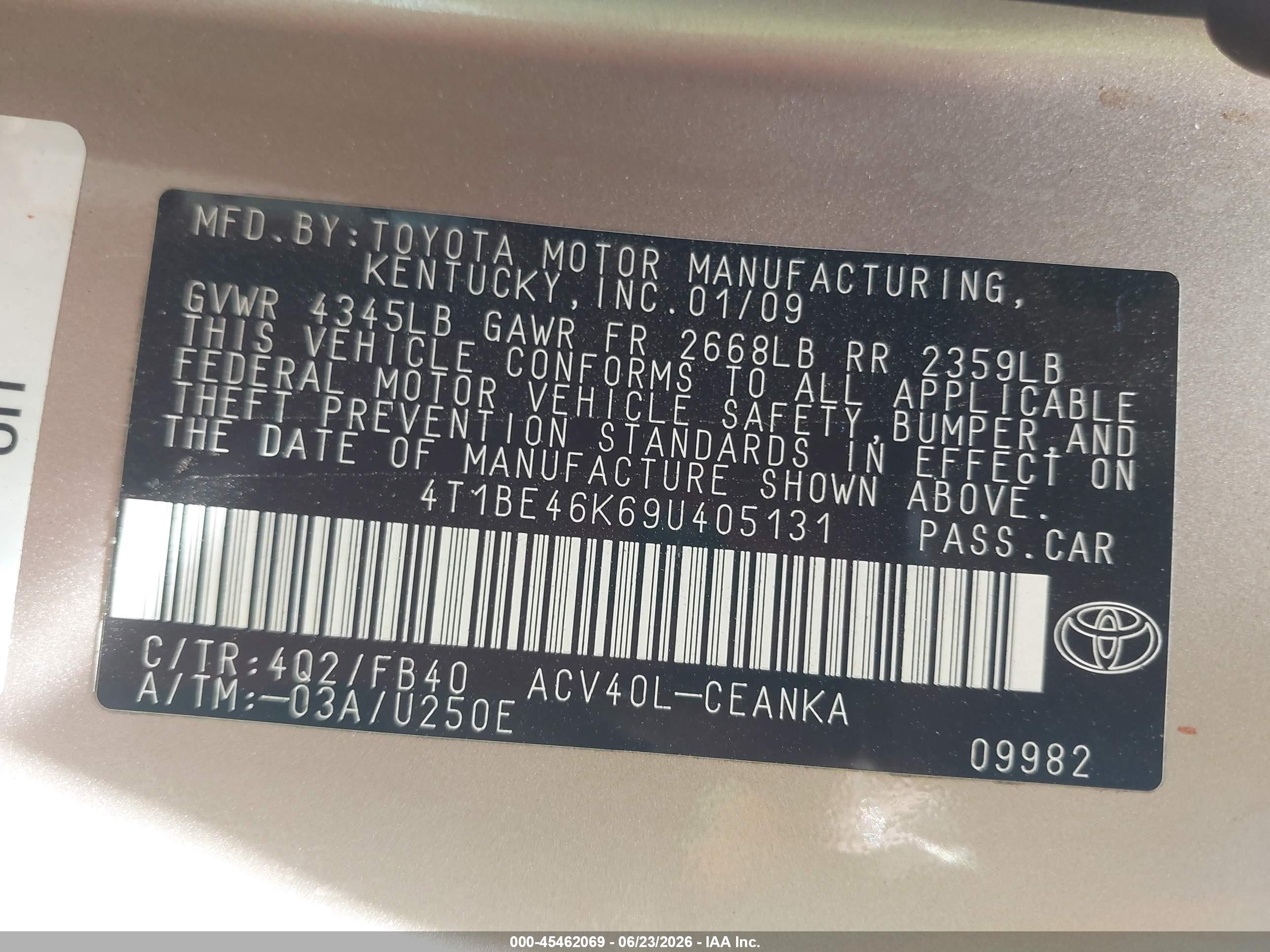 2009 Toyota Camry Le Champagne vin: 4T1BE46K69U405131