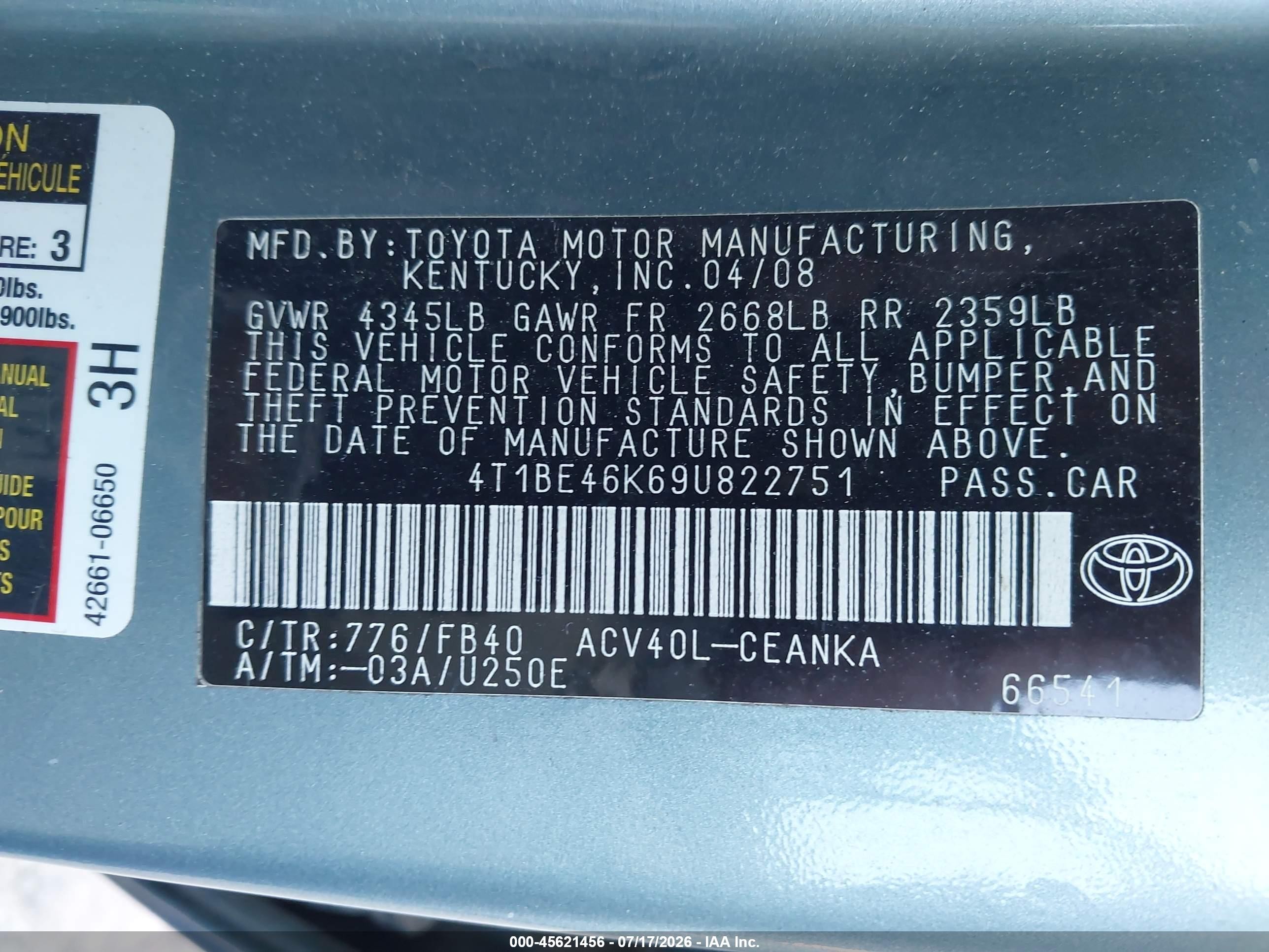 2009 Toyota Camry Le Blue vin: 4T1BE46K69U822751