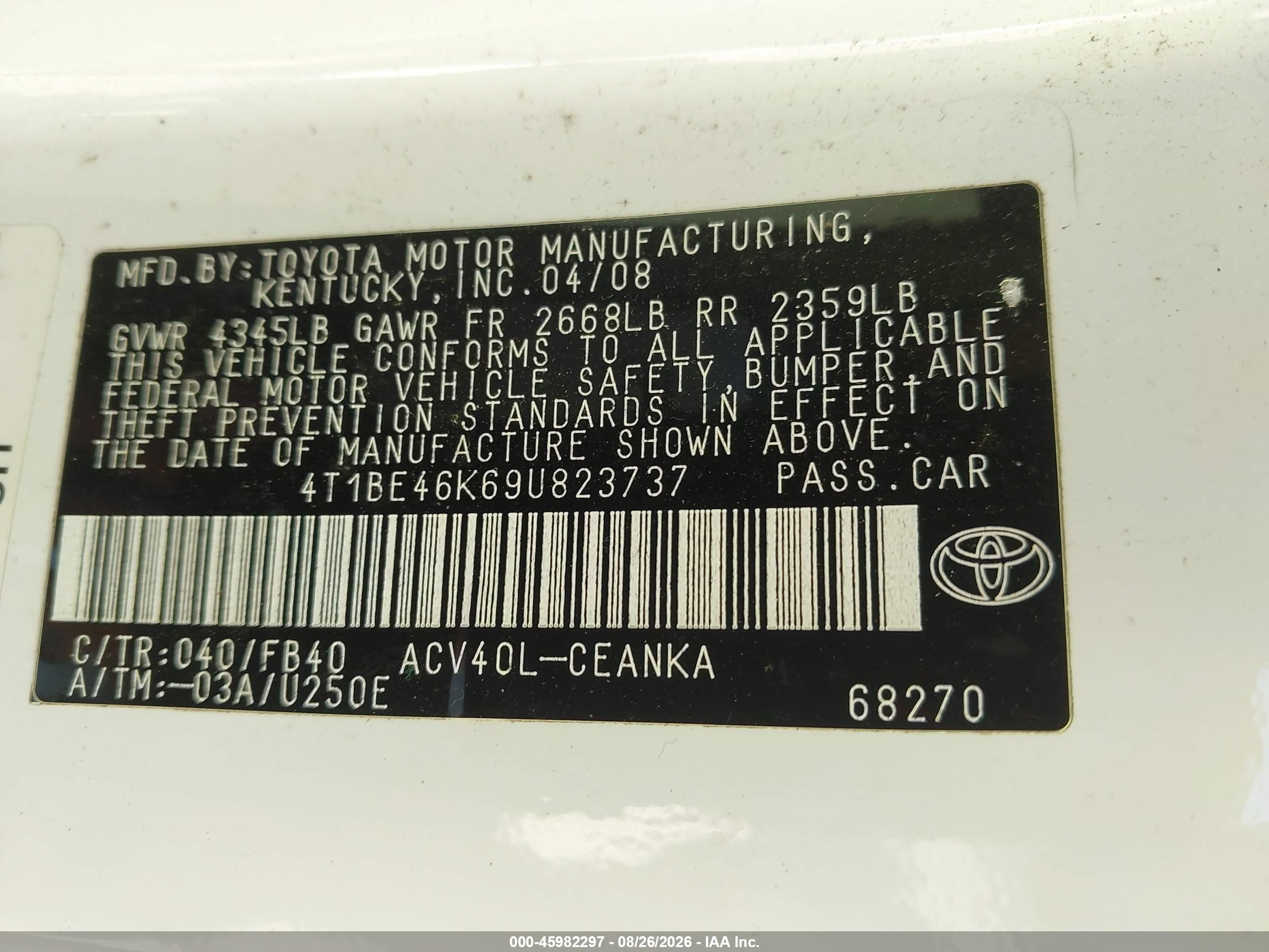 2009 Toyota Camry Le White vin: 4T1BE46K69U823737