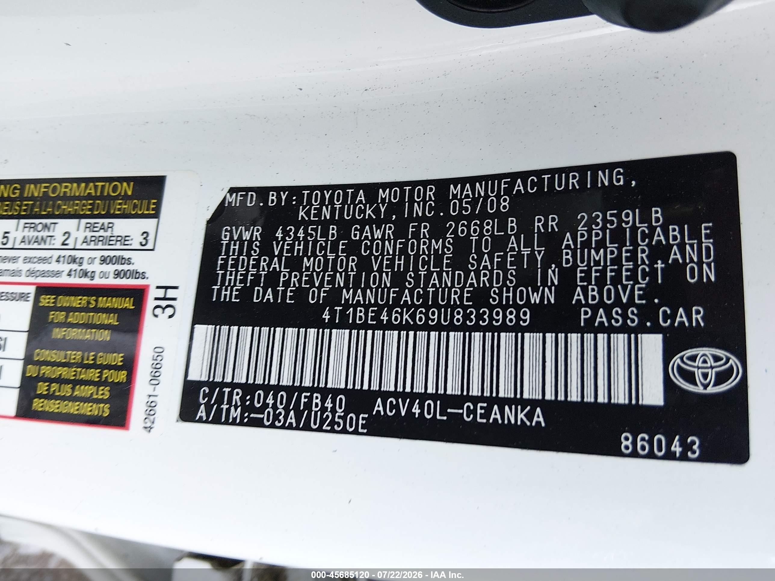 2009 Toyota Camry   White vin: 4T1BE46K69U833989