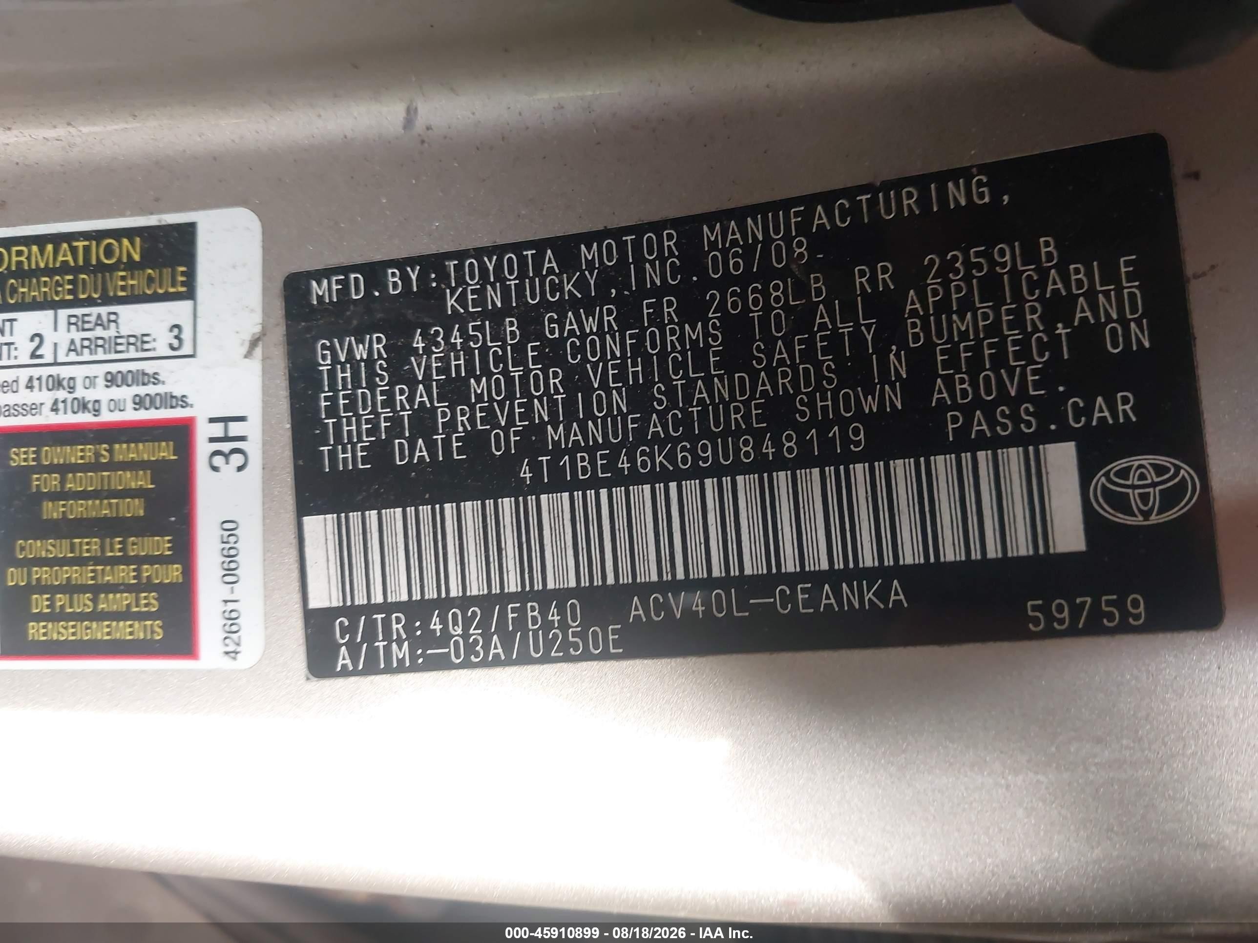 2009 Toyota Camry Le Желто-коричневый vin: 4T1BE46K69U848119