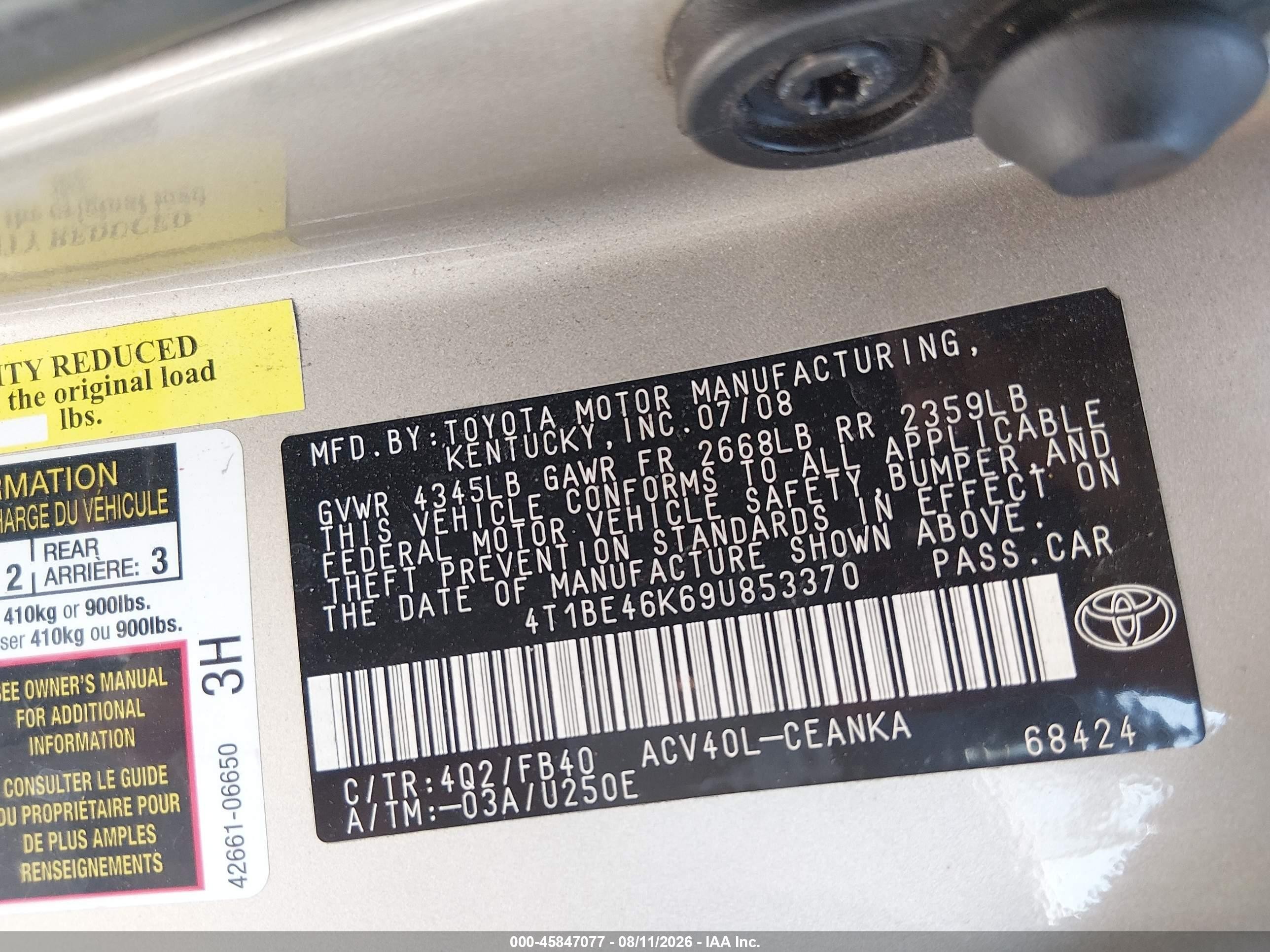 2009 Toyota Camry   Gold vin: 4T1BE46K69U853370
