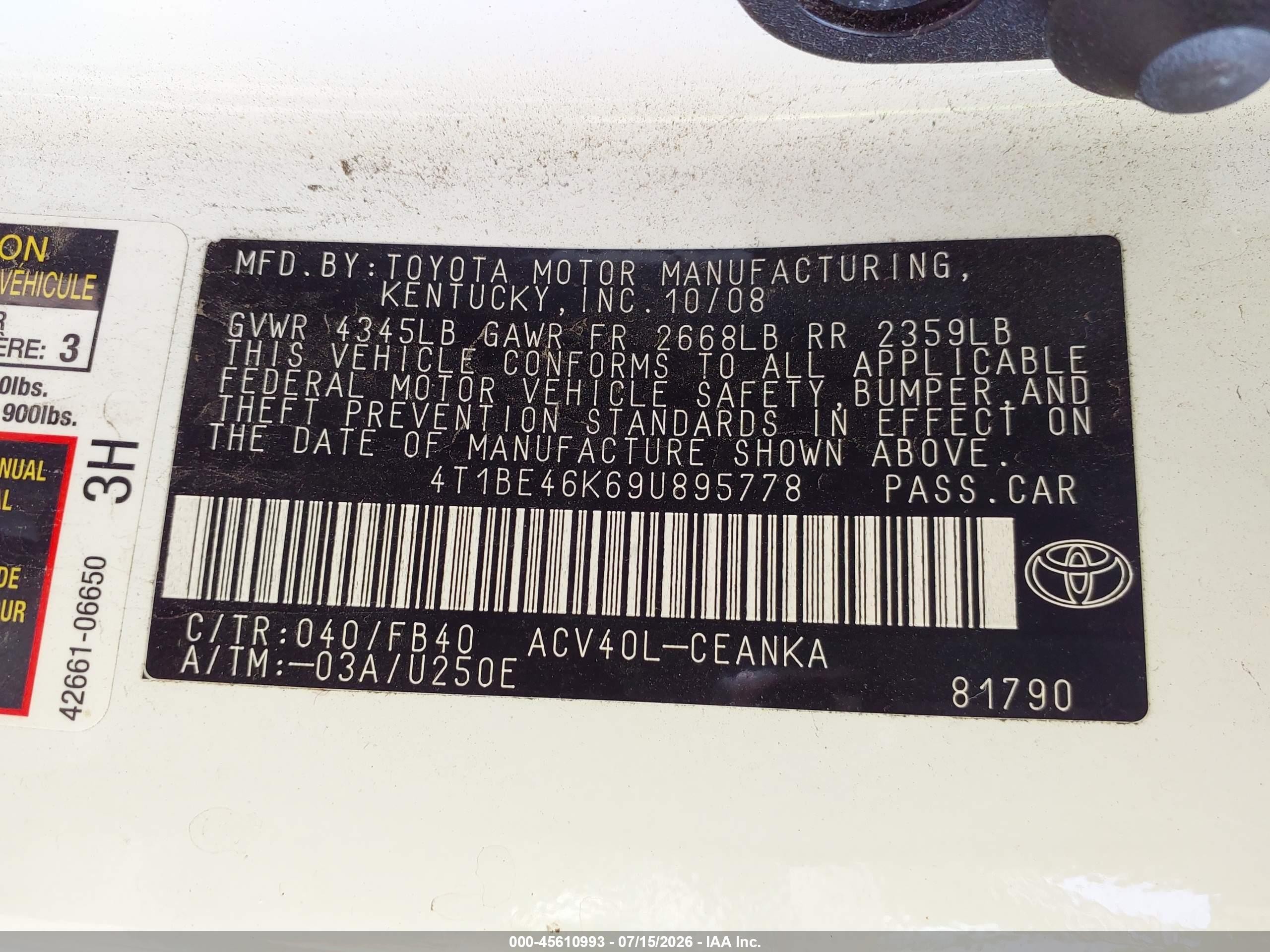 2009 Toyota Camry Le White vin: 4T1BE46K69U895778
