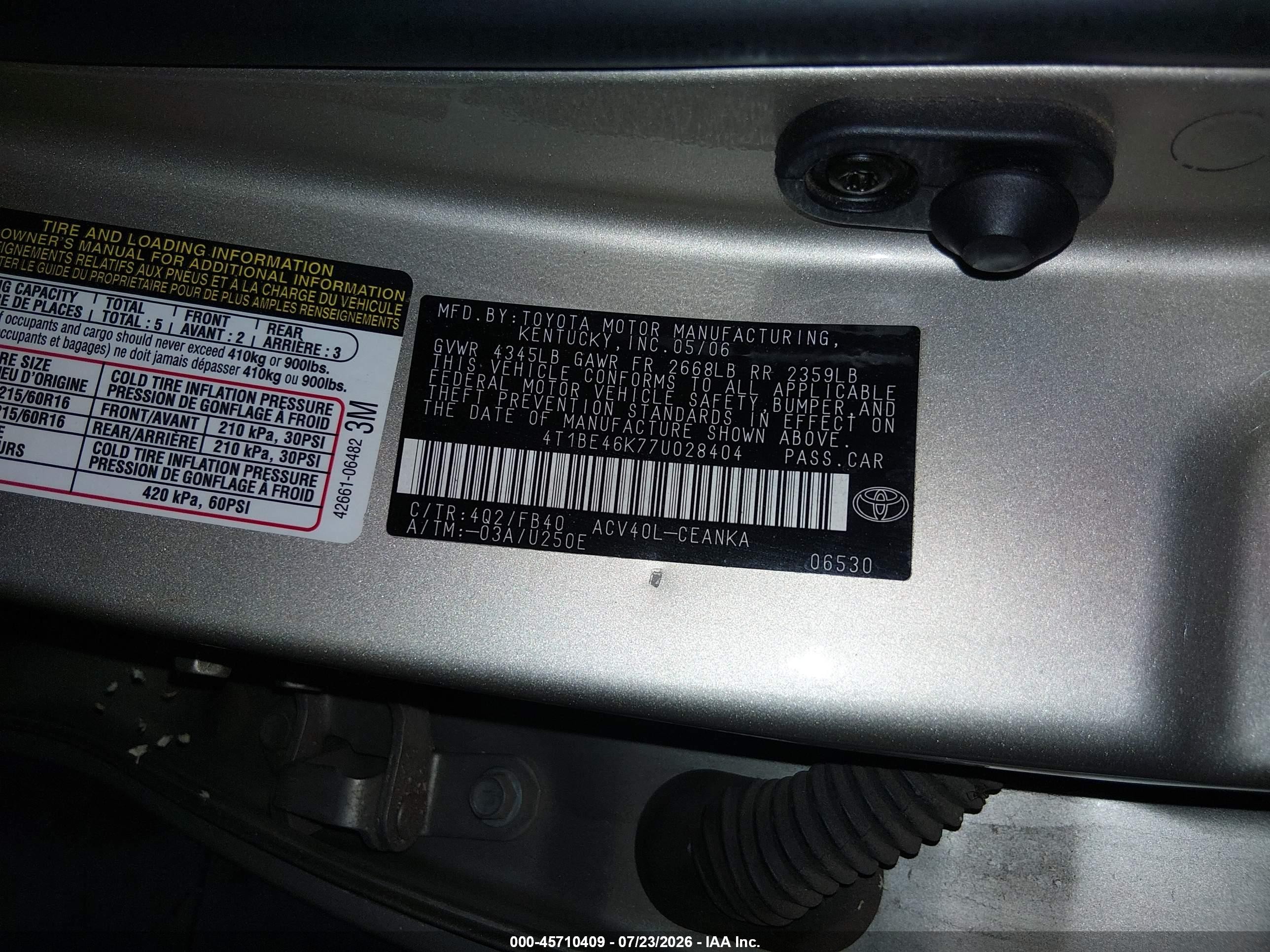 2007 Toyota Camry Le Tan vin: 4T1BE46K77U028404