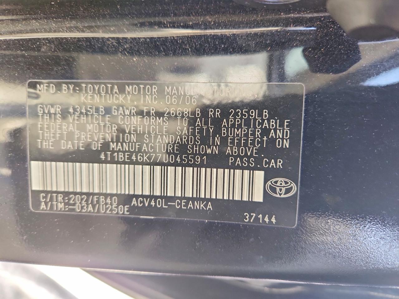 2007 Toyota Camry Le Black vin: 4T1BE46K77U045591
