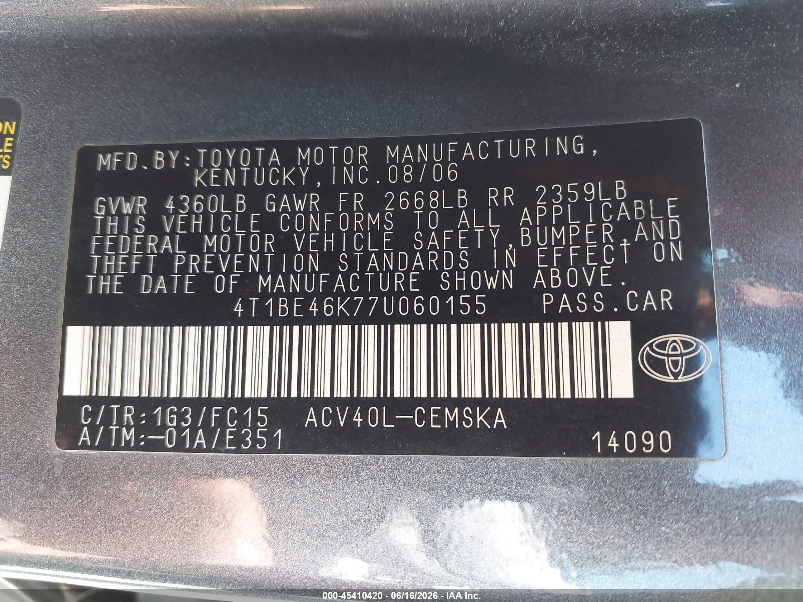 2007 Toyota Camry Se Серый vin: 4T1BE46K77U060155