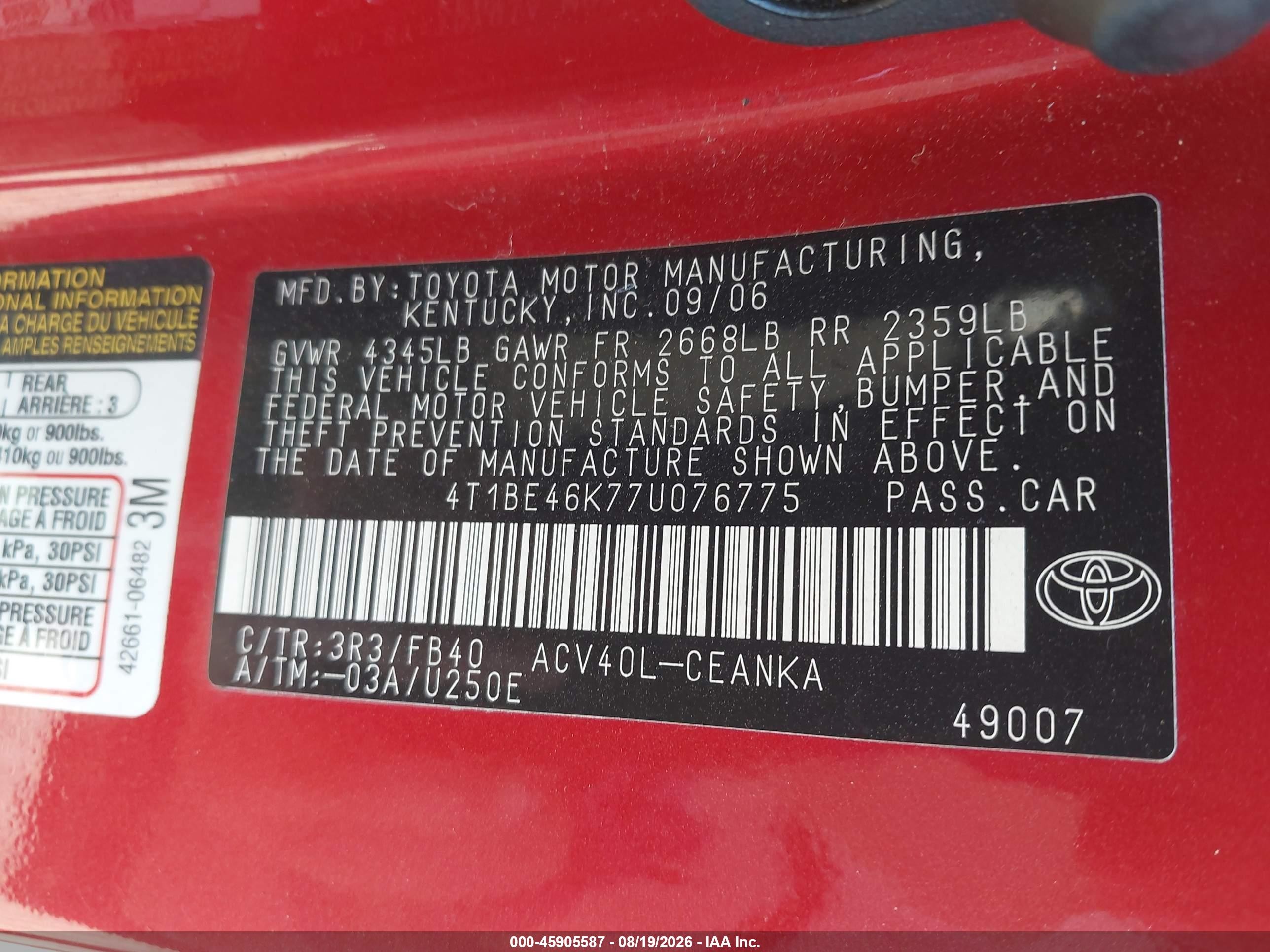 2007 Toyota Camry Le Red vin: 4T1BE46K77U076775