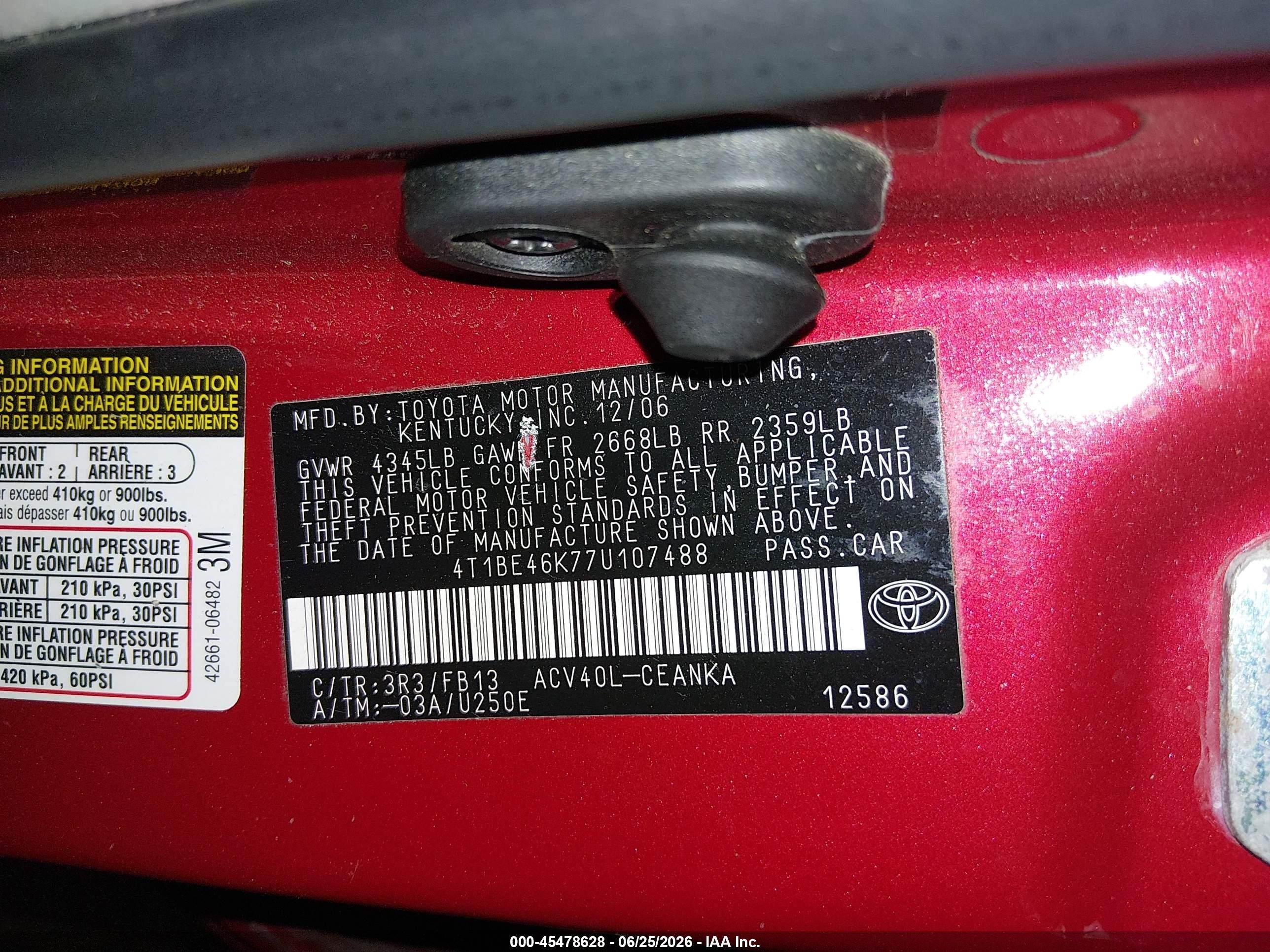 2007 Toyota Camry Le Red vin: 4T1BE46K77U107488