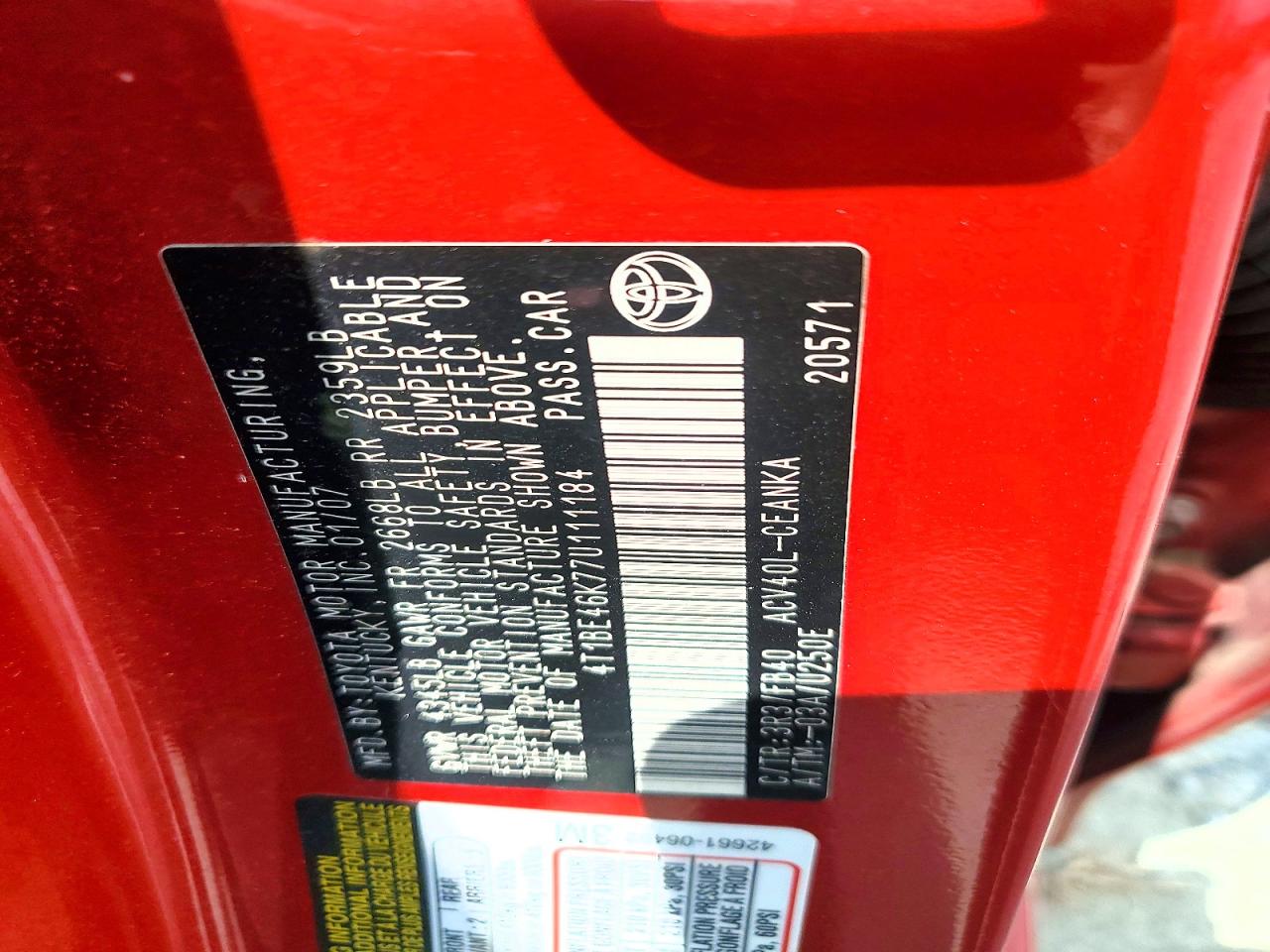 2007 Toyota Camry Le Red vin: 4T1BE46K77U111184
