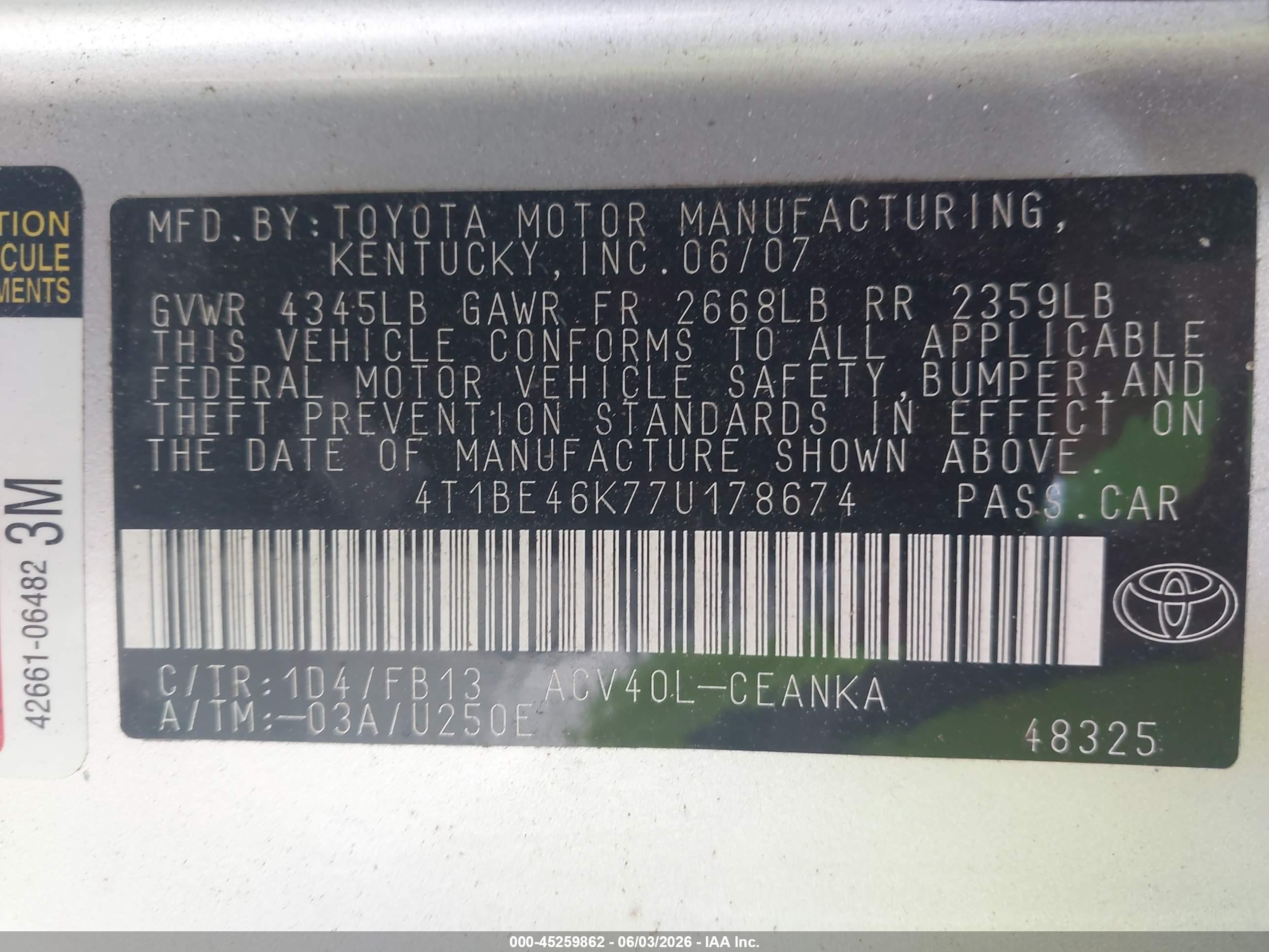 2007 Toyota Camry Ce Silver vin: 4T1BE46K77U178674