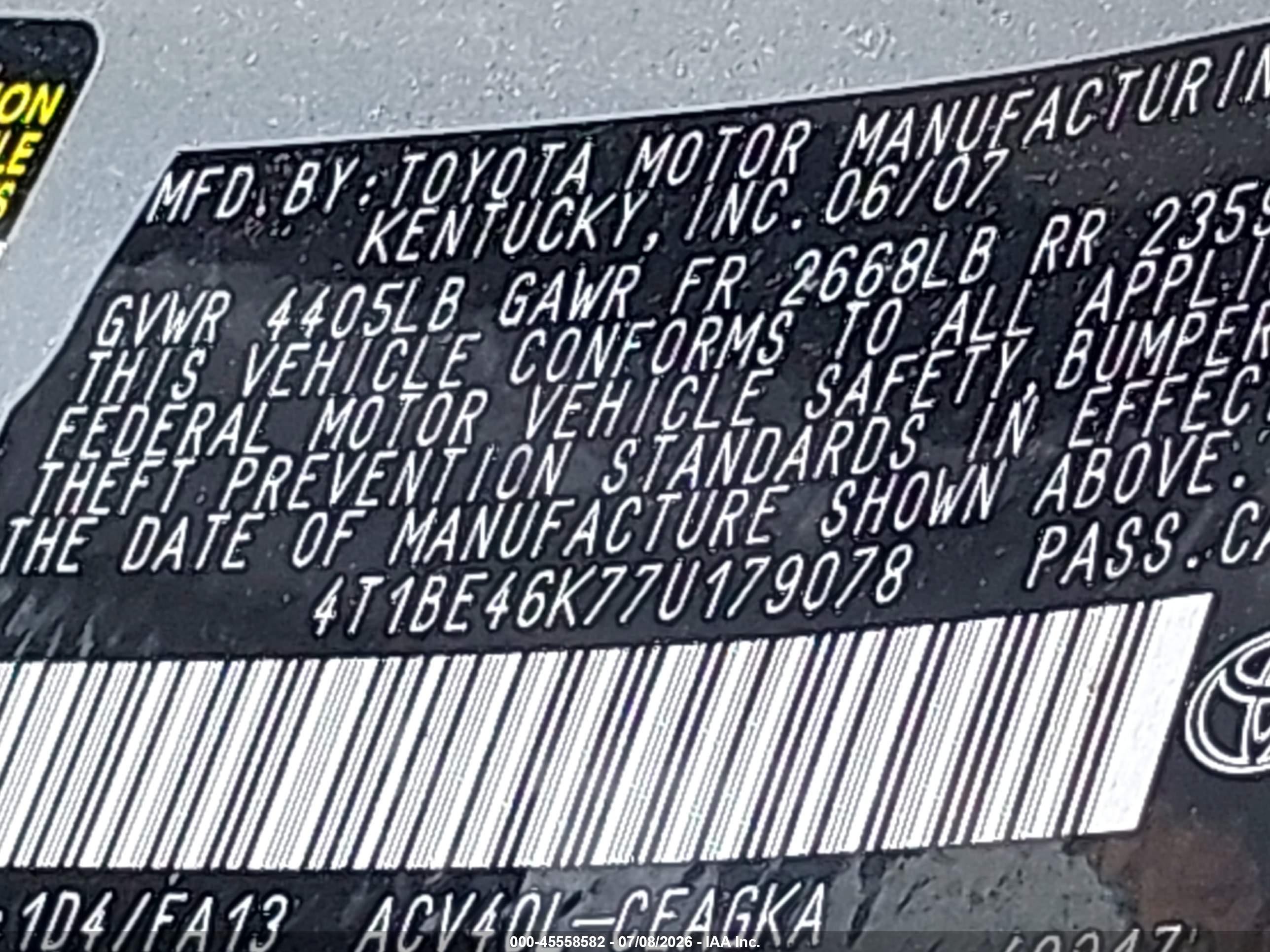 2007 Toyota Camry Xle Серебряный vin: 4T1BE46K77U179078