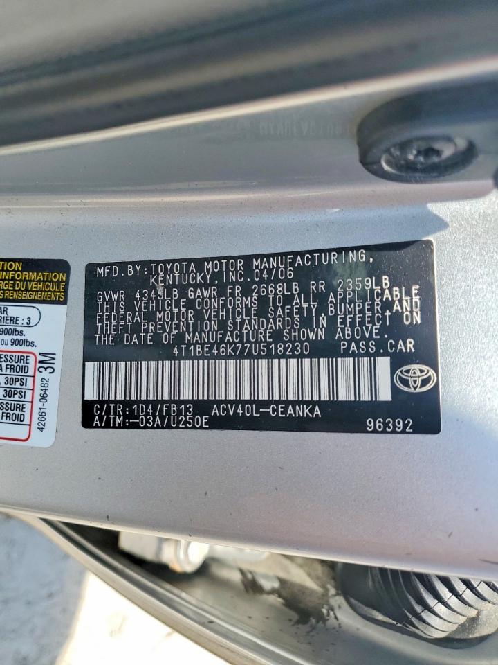 2007 Toyota Camry Le Automatic Silver vin: 4T1BE46K77U518230
