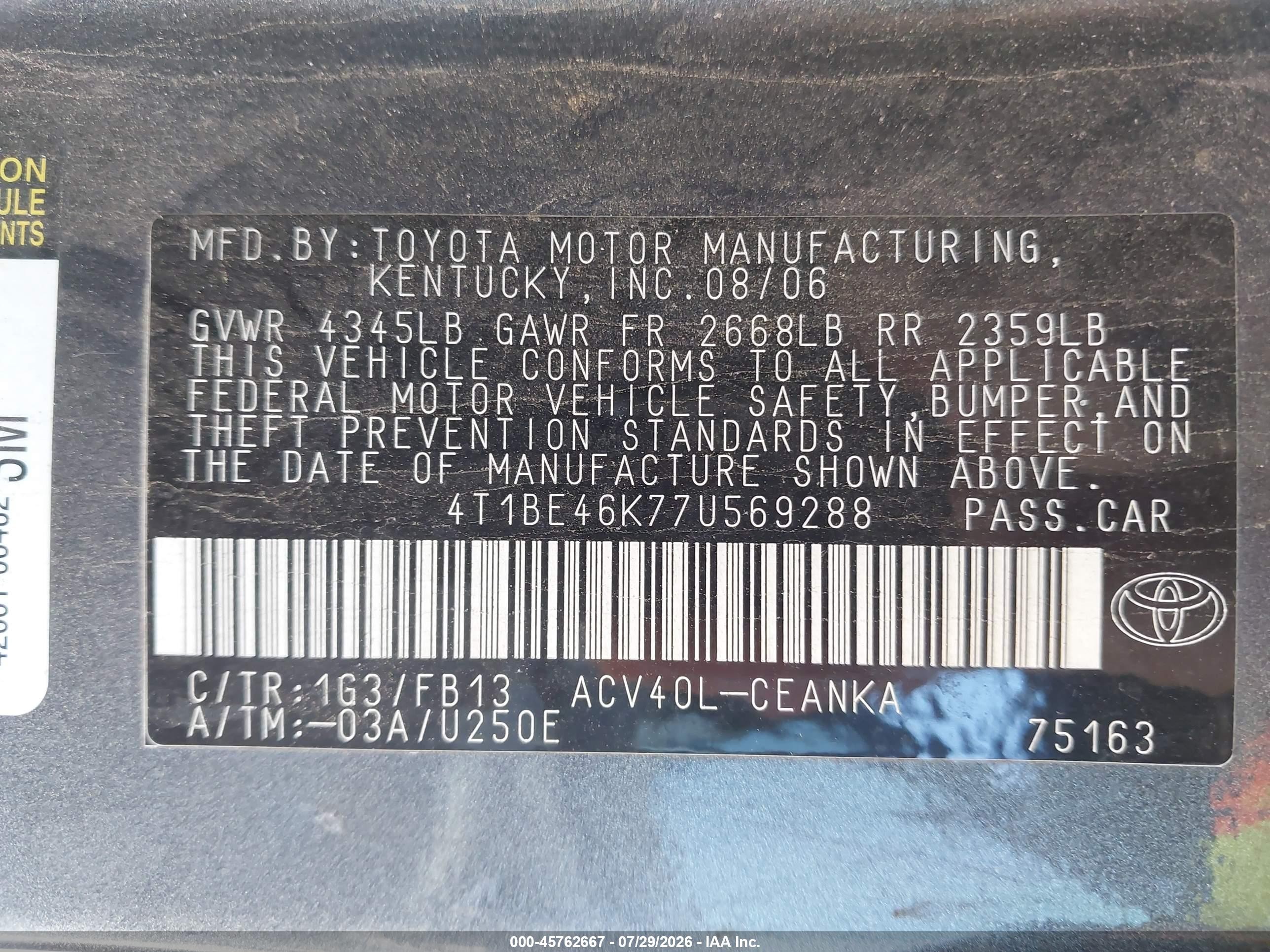 2007 Toyota Camry Le Gray vin: 4T1BE46K77U569288