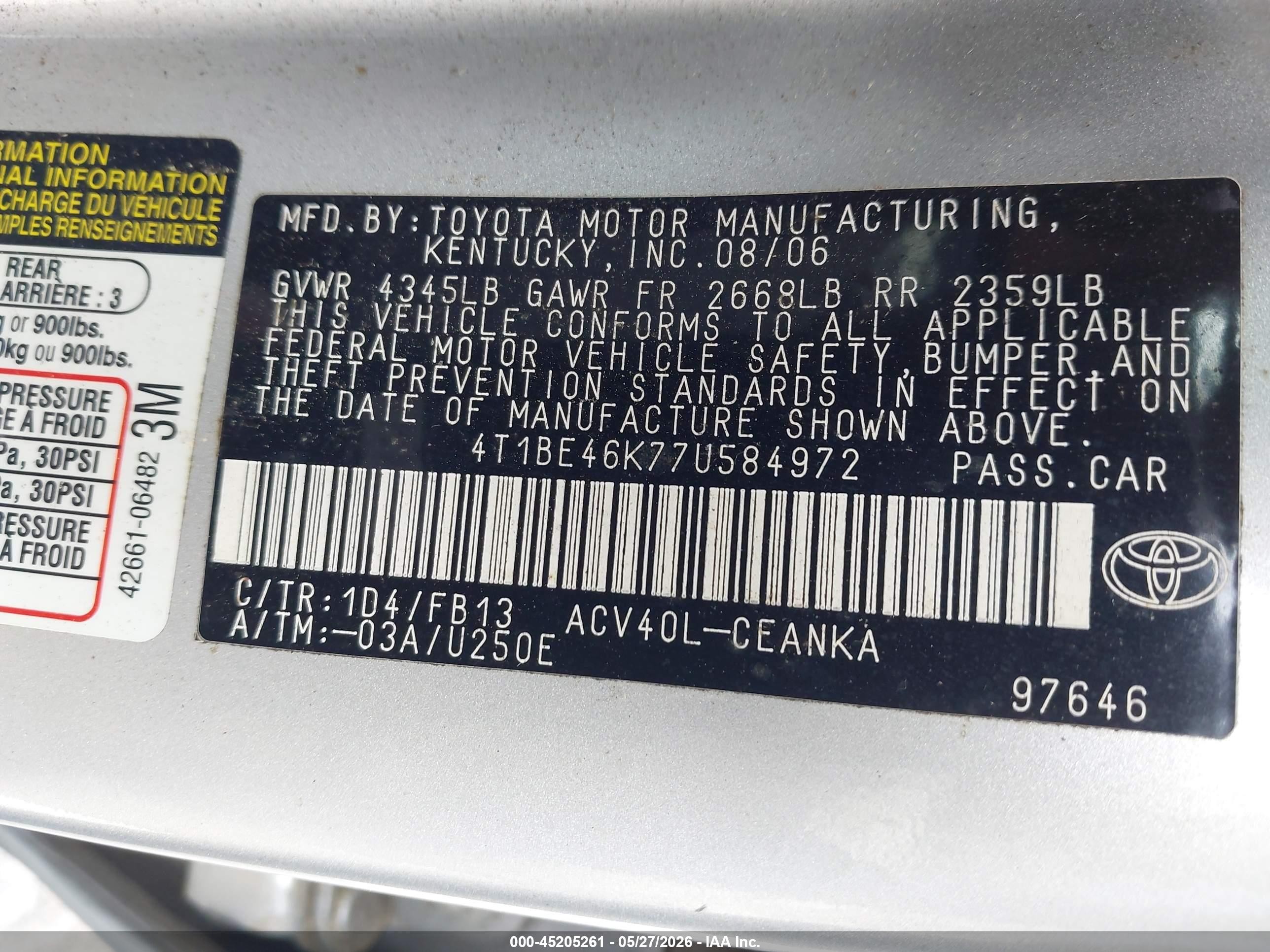 2007 Toyota Camry Le Silver vin: 4T1BE46K77U584972