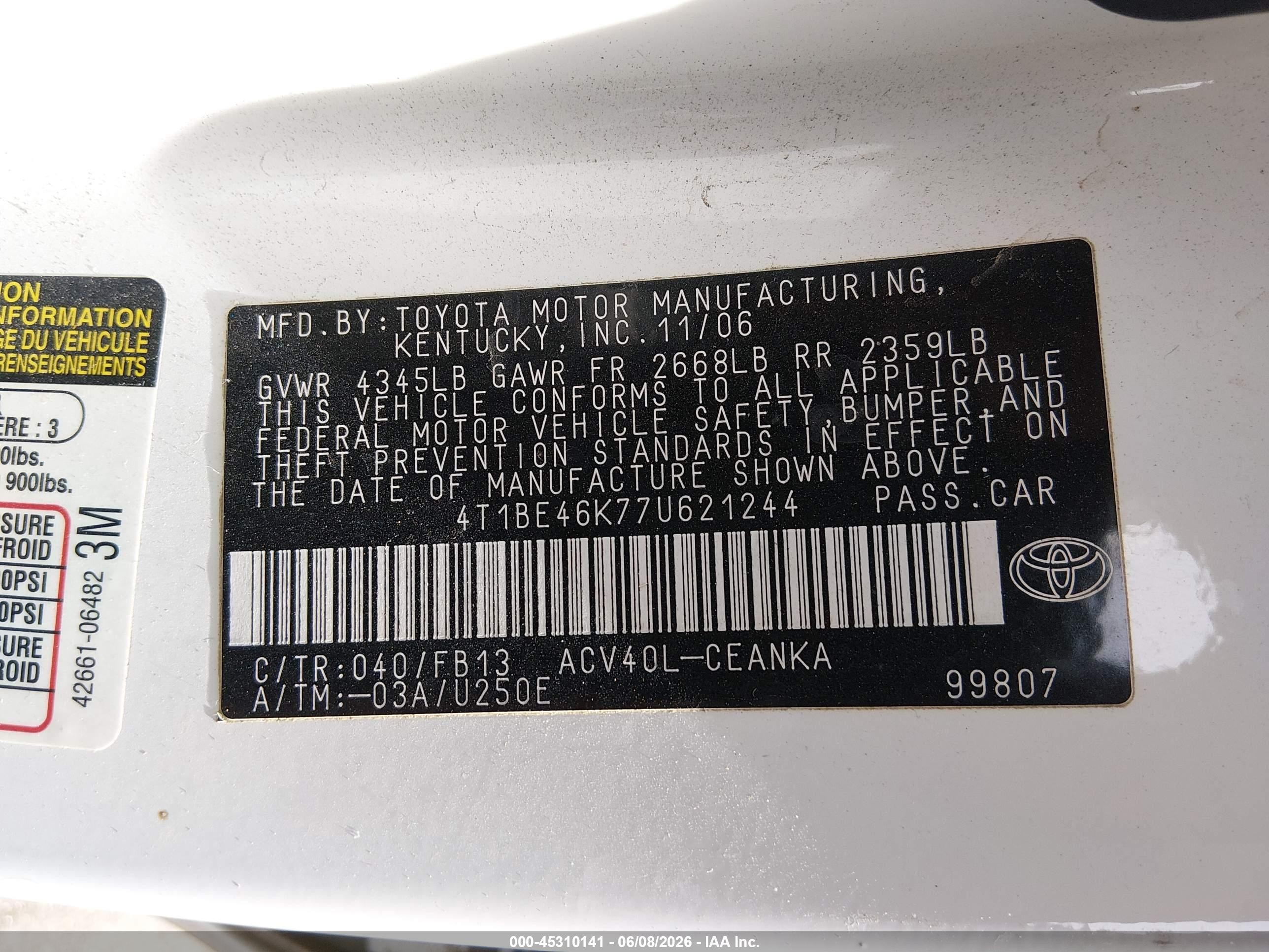 2007 Toyota Camry Le White vin: 4T1BE46K77U621244