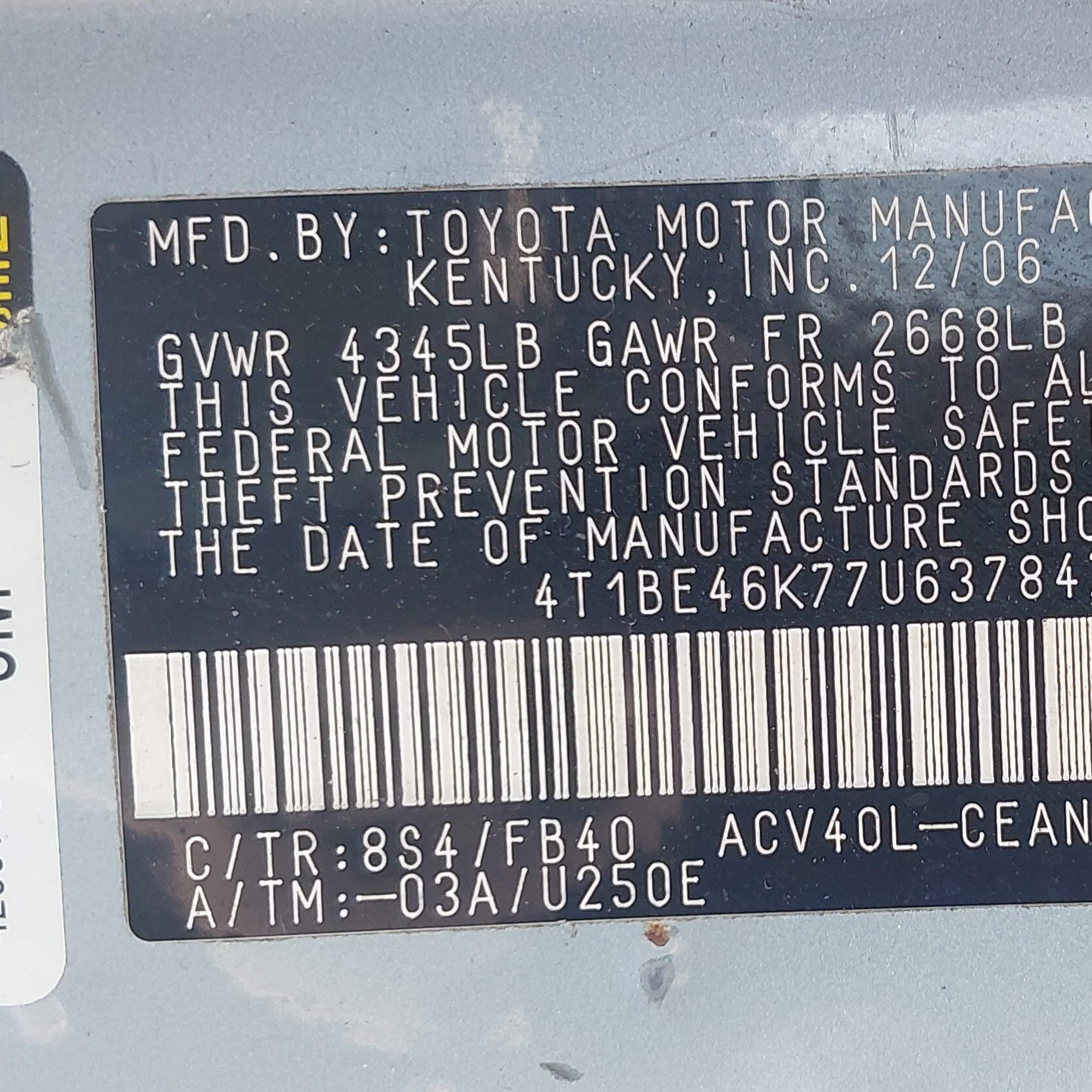 2007 Toyota Camry Le Light Blue vin: 4T1BE46K77U637847