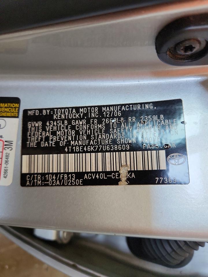 2007 Toyota Camry Le Silver vin: 4T1BE46K77U638609