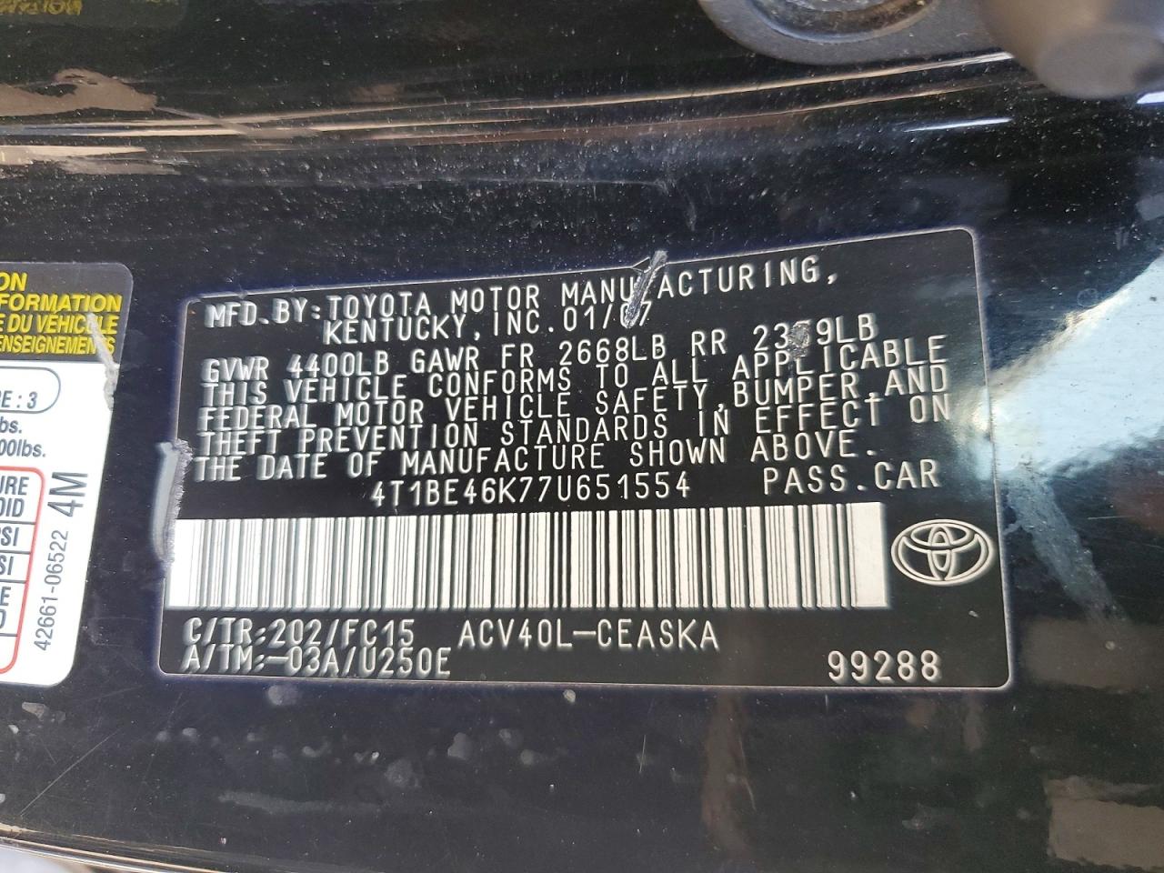 2007 Toyota Camry Se Black vin: 4T1BE46K77U651554
