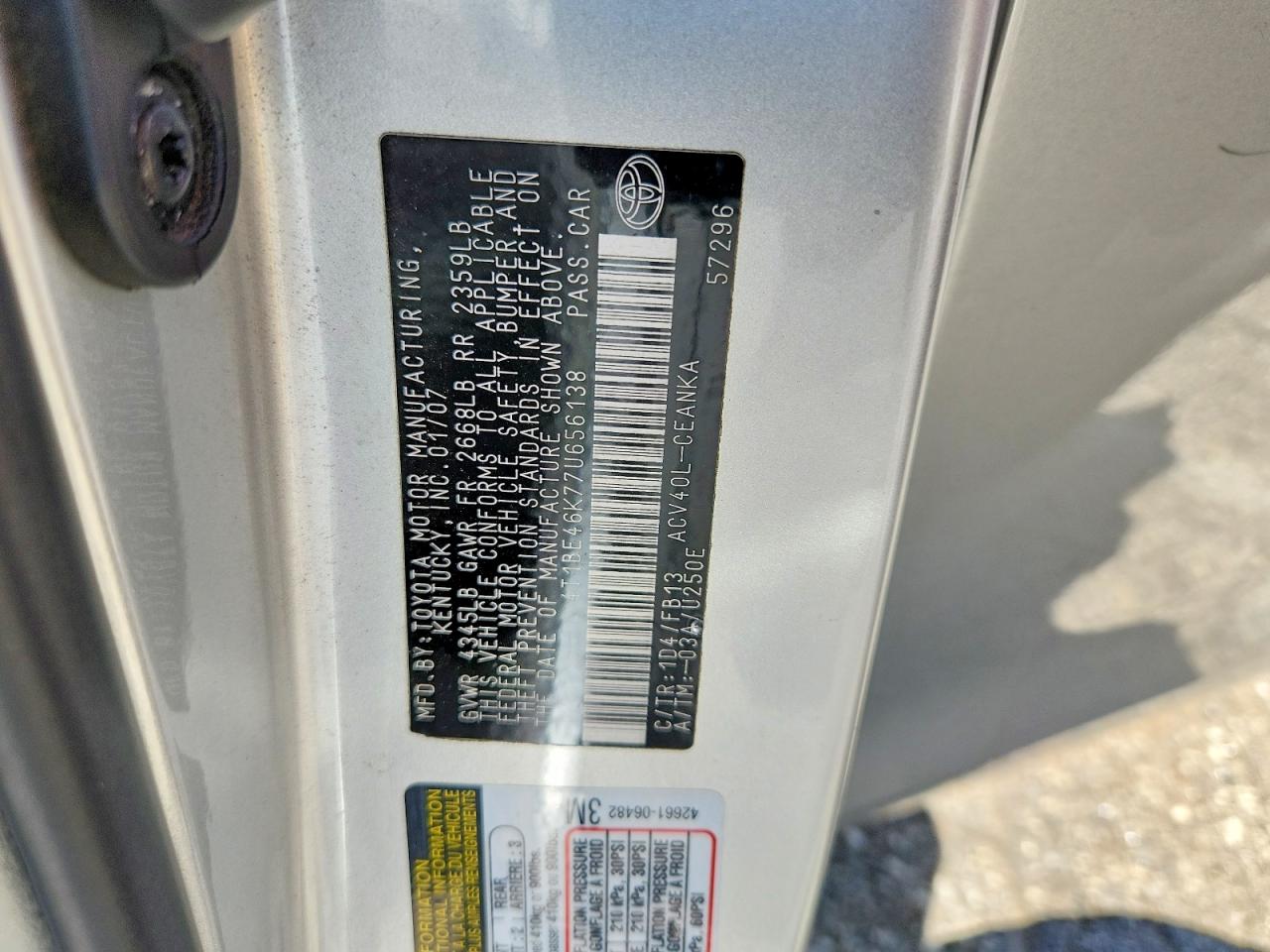 2007 Toyota Camry Ce Silver vin: 4T1BE46K77U656138