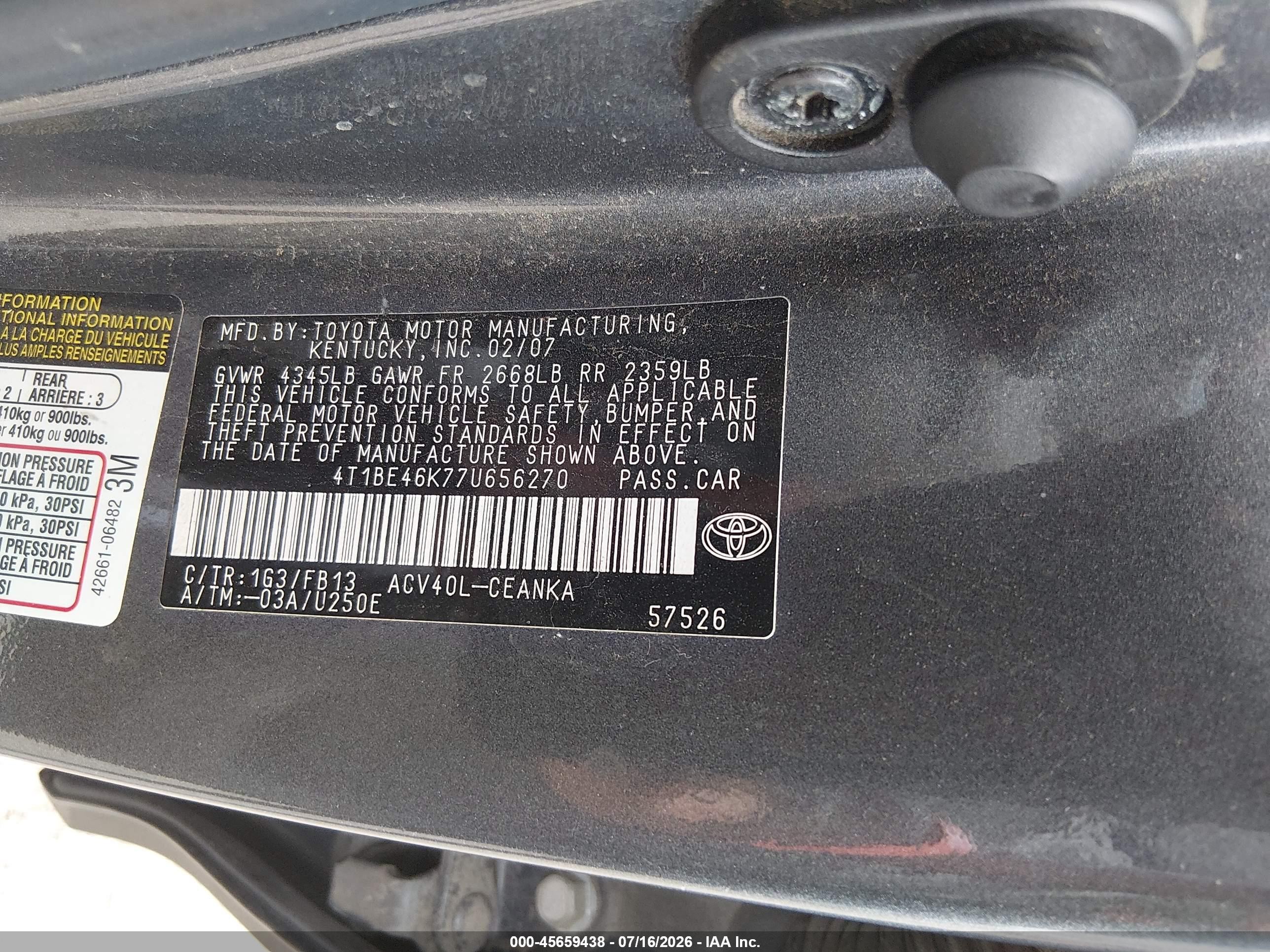 2007 Toyota Camry Le Gray vin: 4T1BE46K77U656270