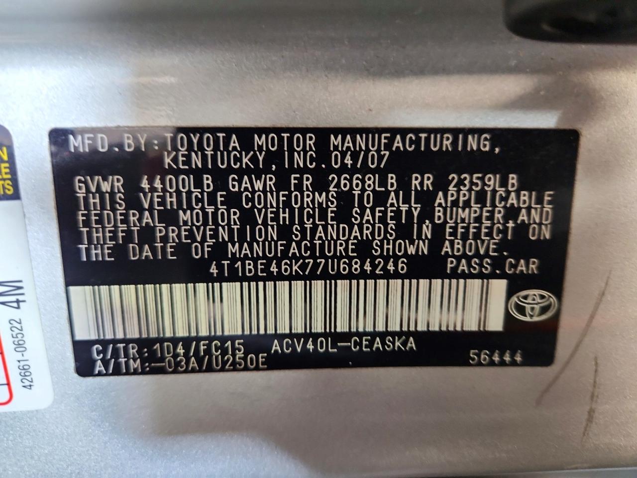2007 Toyota Camry Se Silver vin: 4T1BE46K77U684246