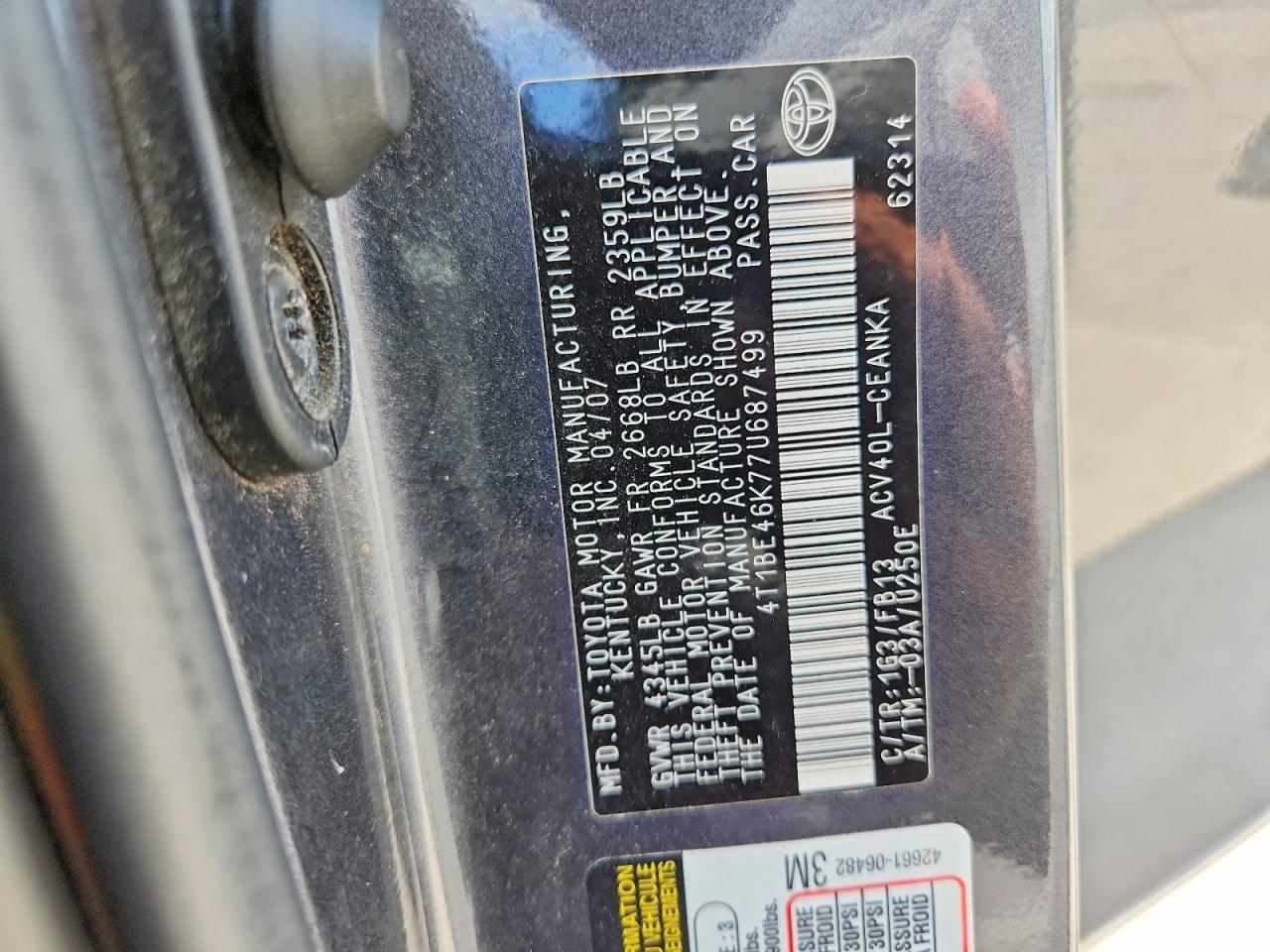 2007 Toyota Camry Le Gray vin: 4T1BE46K77U687499