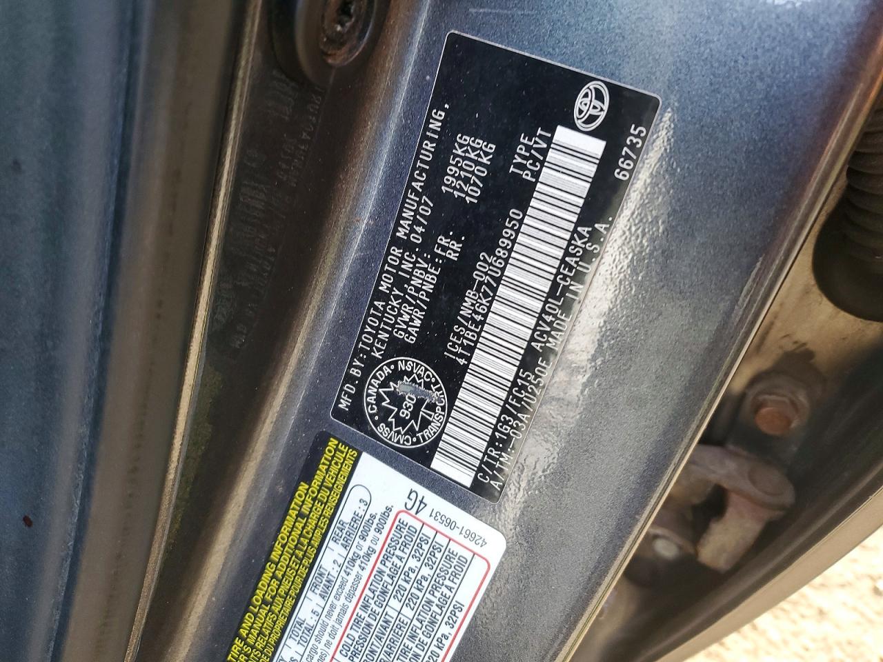 2007 Toyota Camry Ce Charcoal vin: 4T1BE46K77U689950