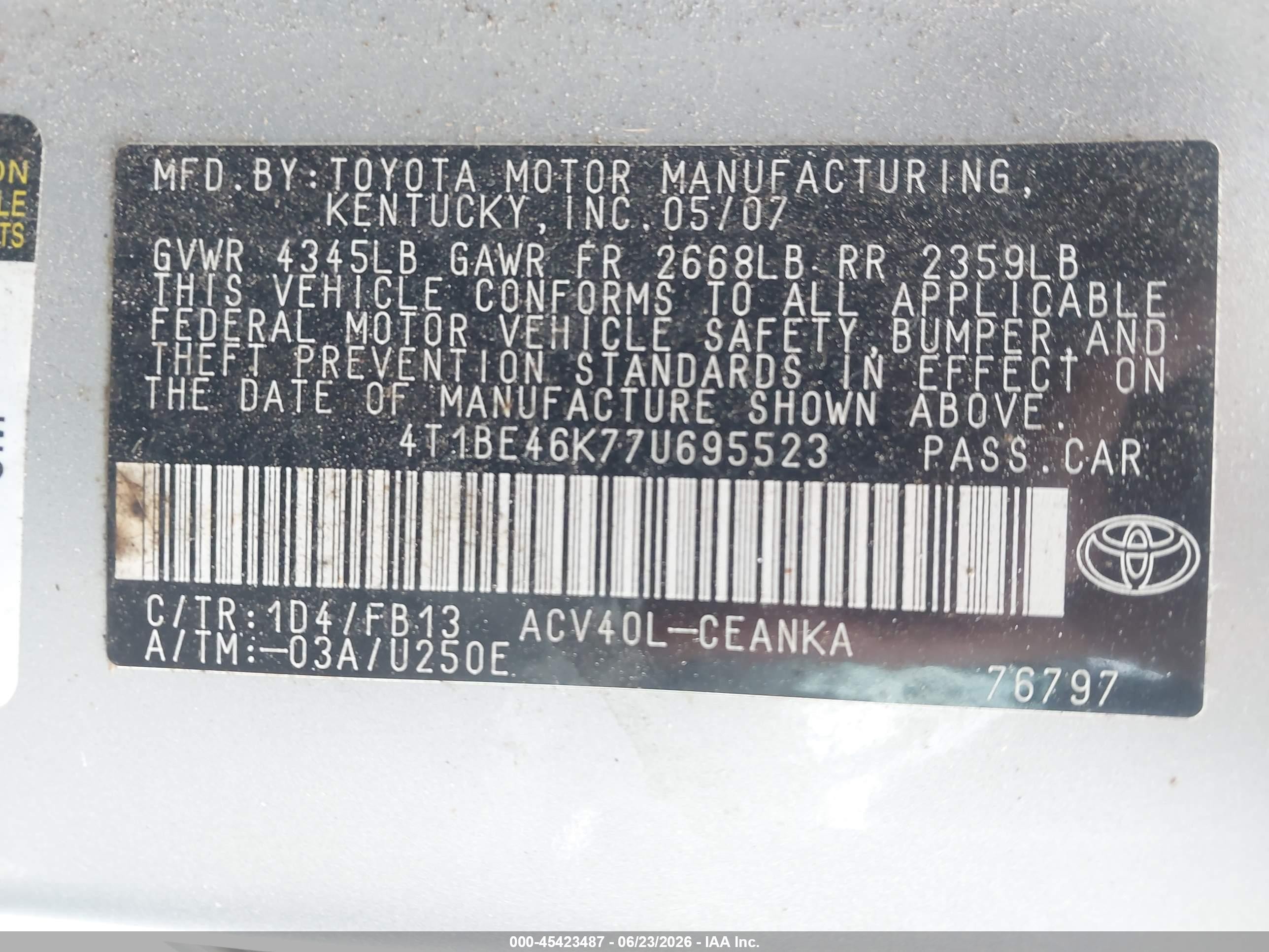 2007 Toyota Camry Le Silver vin: 4T1BE46K77U695523