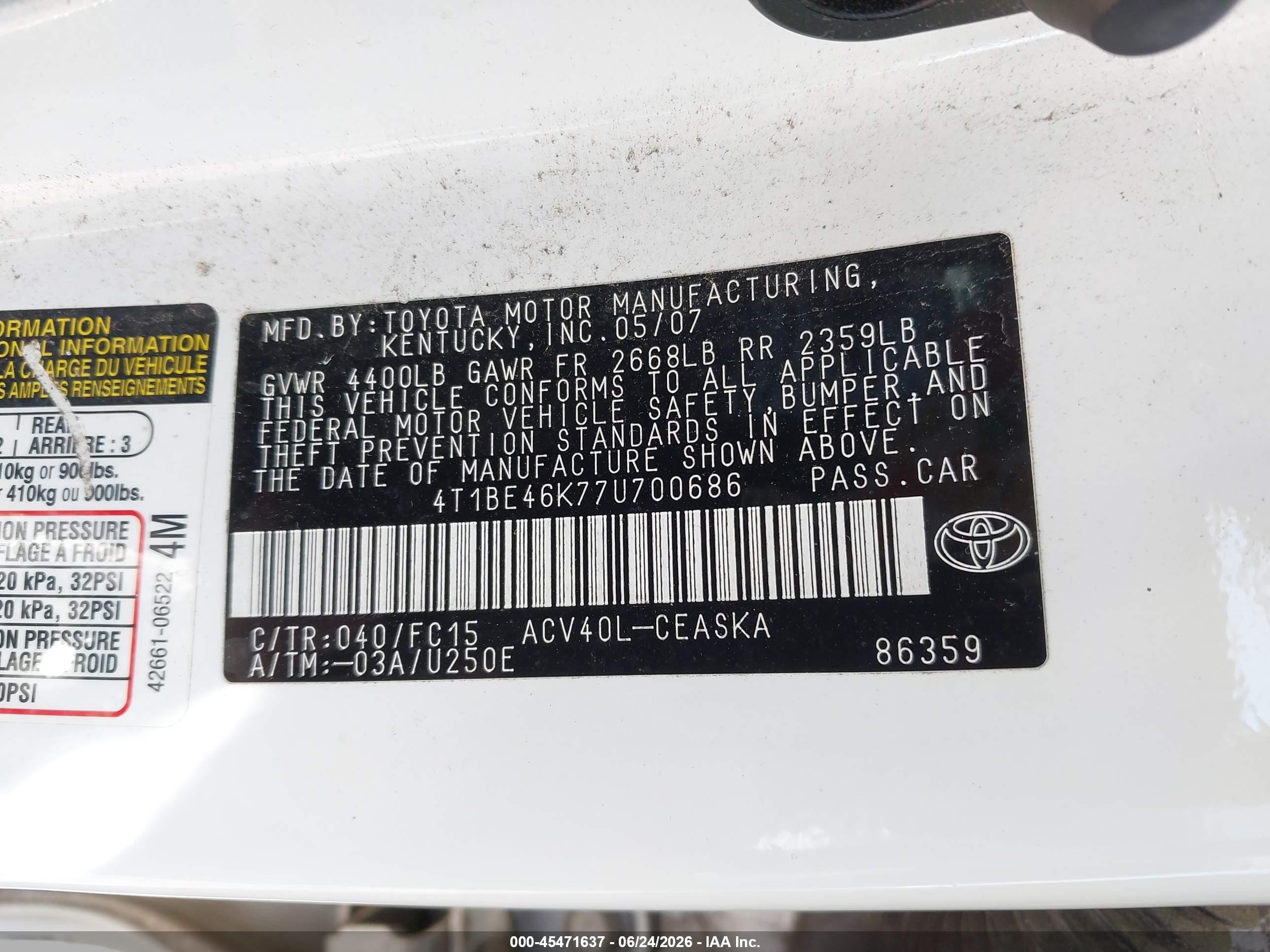 2007 Toyota Camry Se White vin: 4T1BE46K77U700686