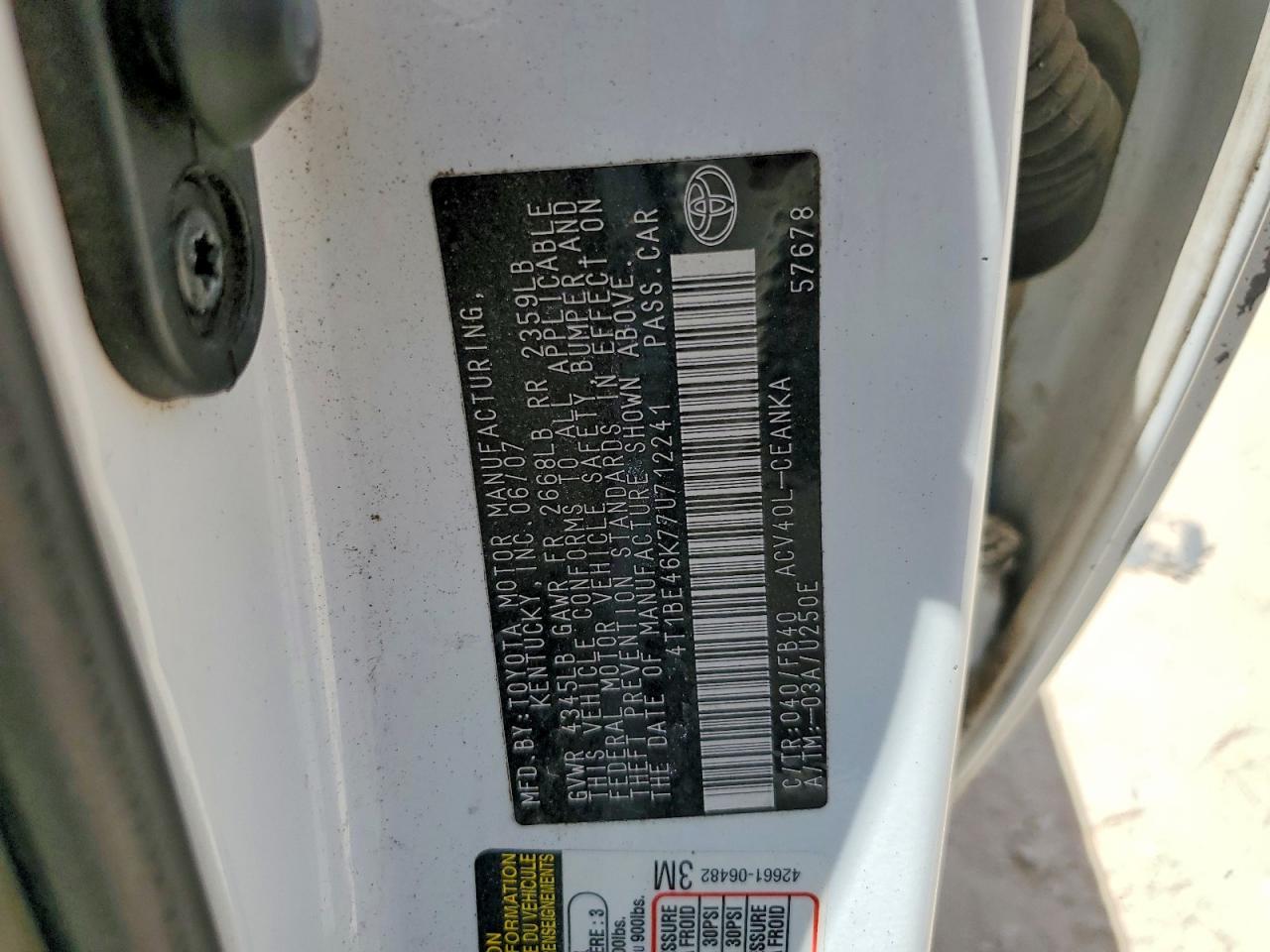 2007 Toyota Camry Le White vin: 4T1BE46K77U712241