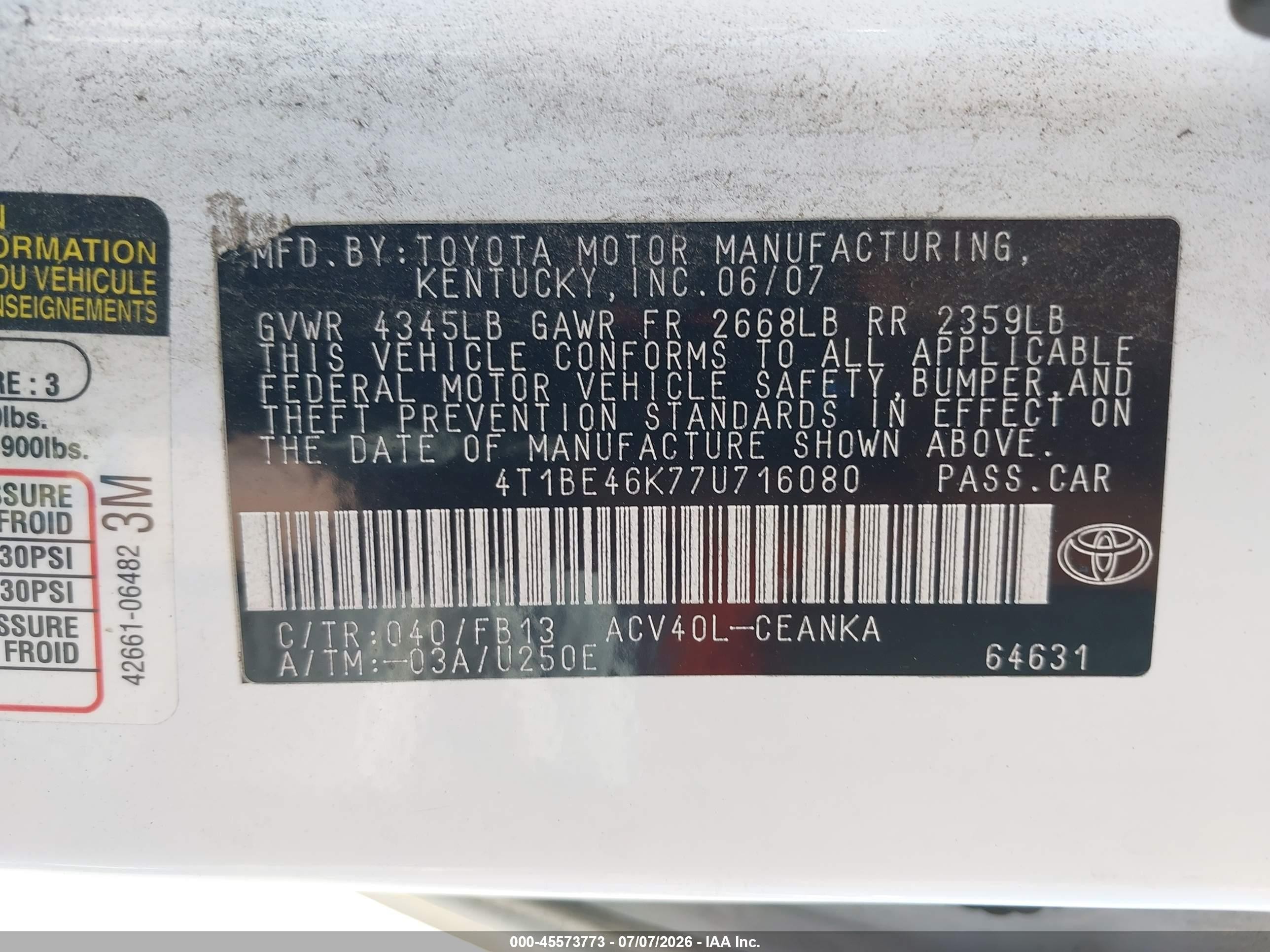 2007 Toyota Camry Le White vin: 4T1BE46K77U716080