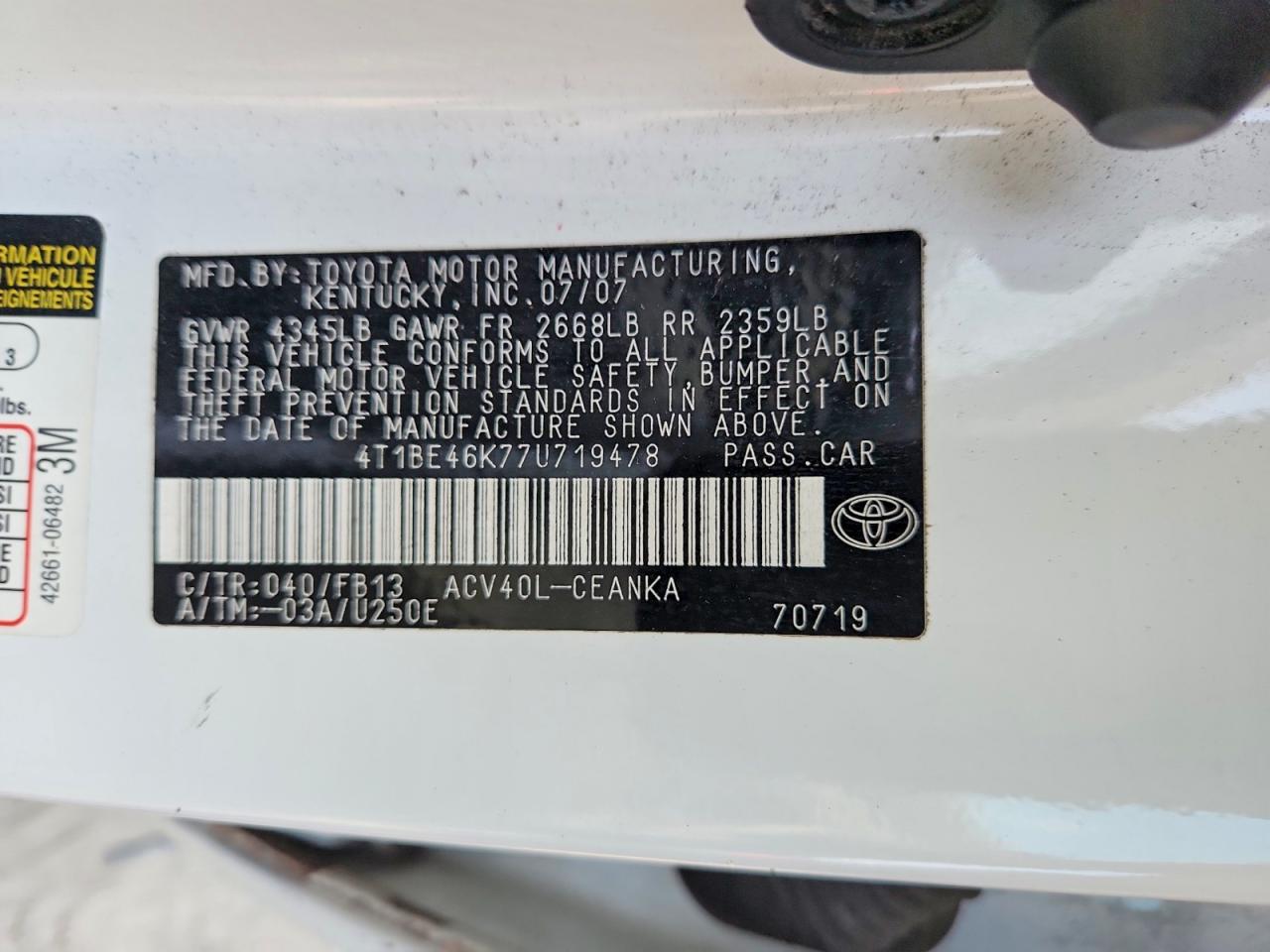 2007 Toyota Camry Le White vin: 4T1BE46K77U719478