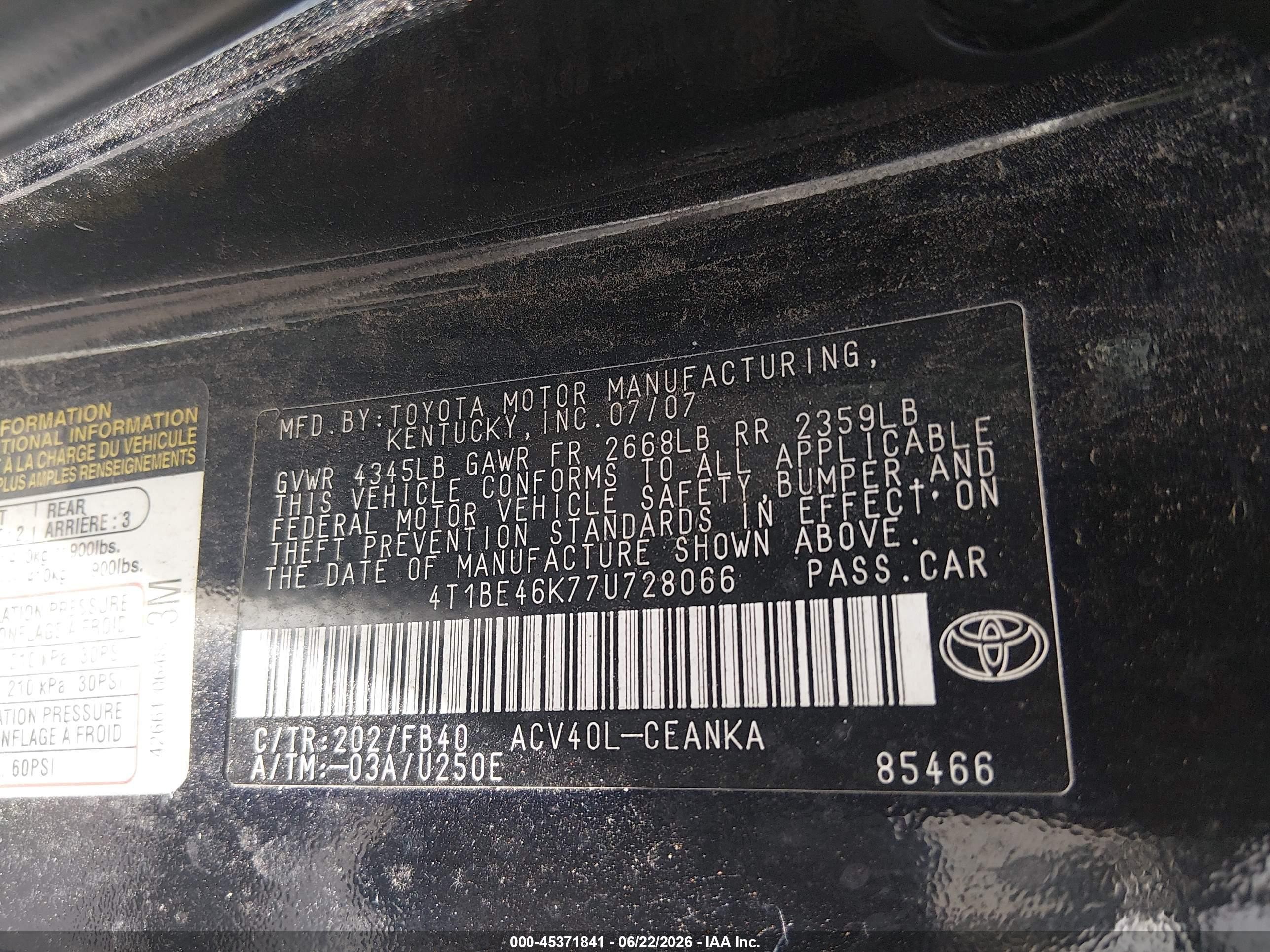 2007 Toyota Camry Le Dark Blue vin: 4T1BE46K77U728066