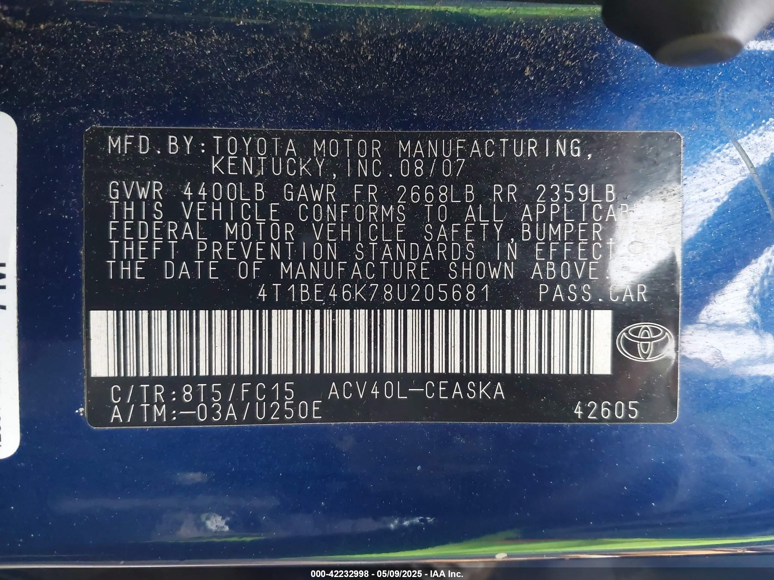 2008 Toyota Camry Se Blue vin: 4T1BE46K78U205681