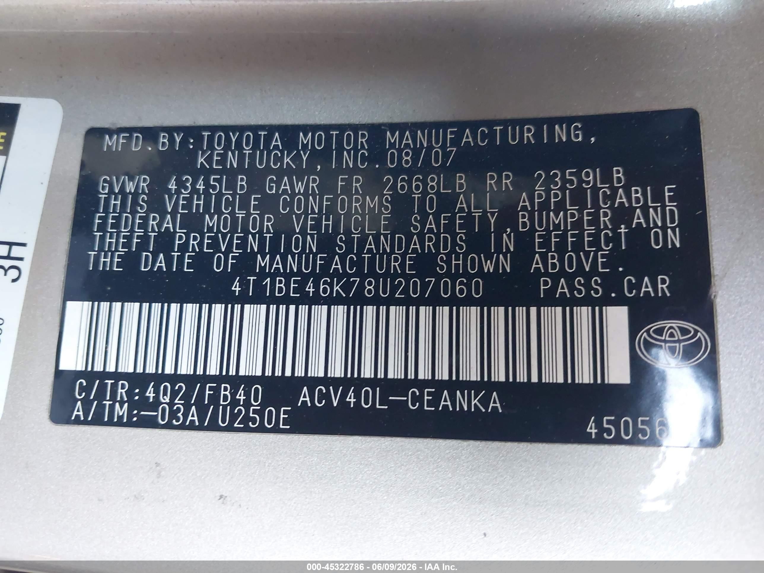 2008 Toyota Camry Le Gold vin: 4T1BE46K78U207060