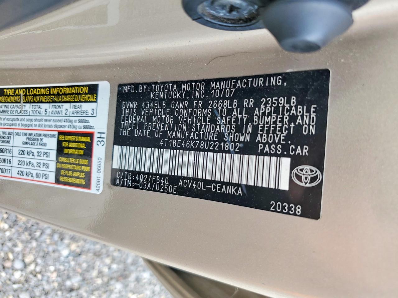 2008 Toyota Camry Base Tan vin: 4T1BE46K78U221802