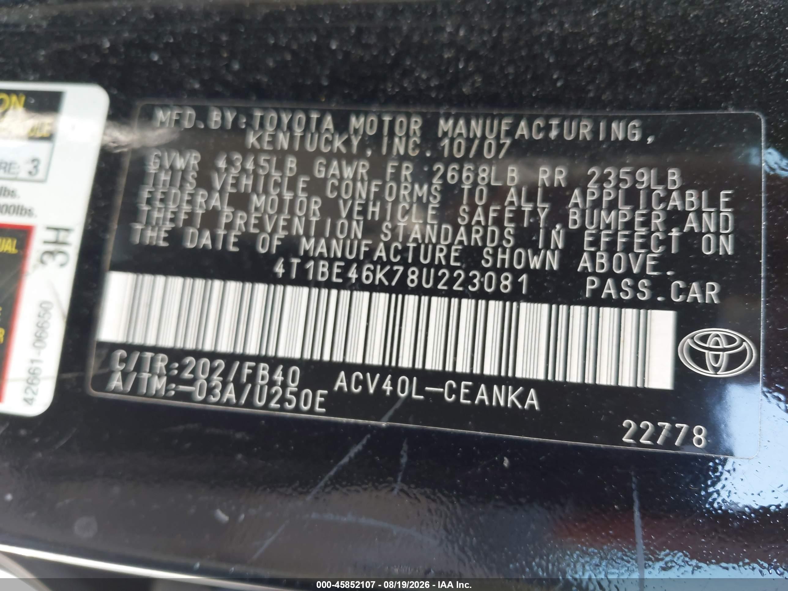 2008 Toyota Camry Le Black vin: 4T1BE46K78U223081