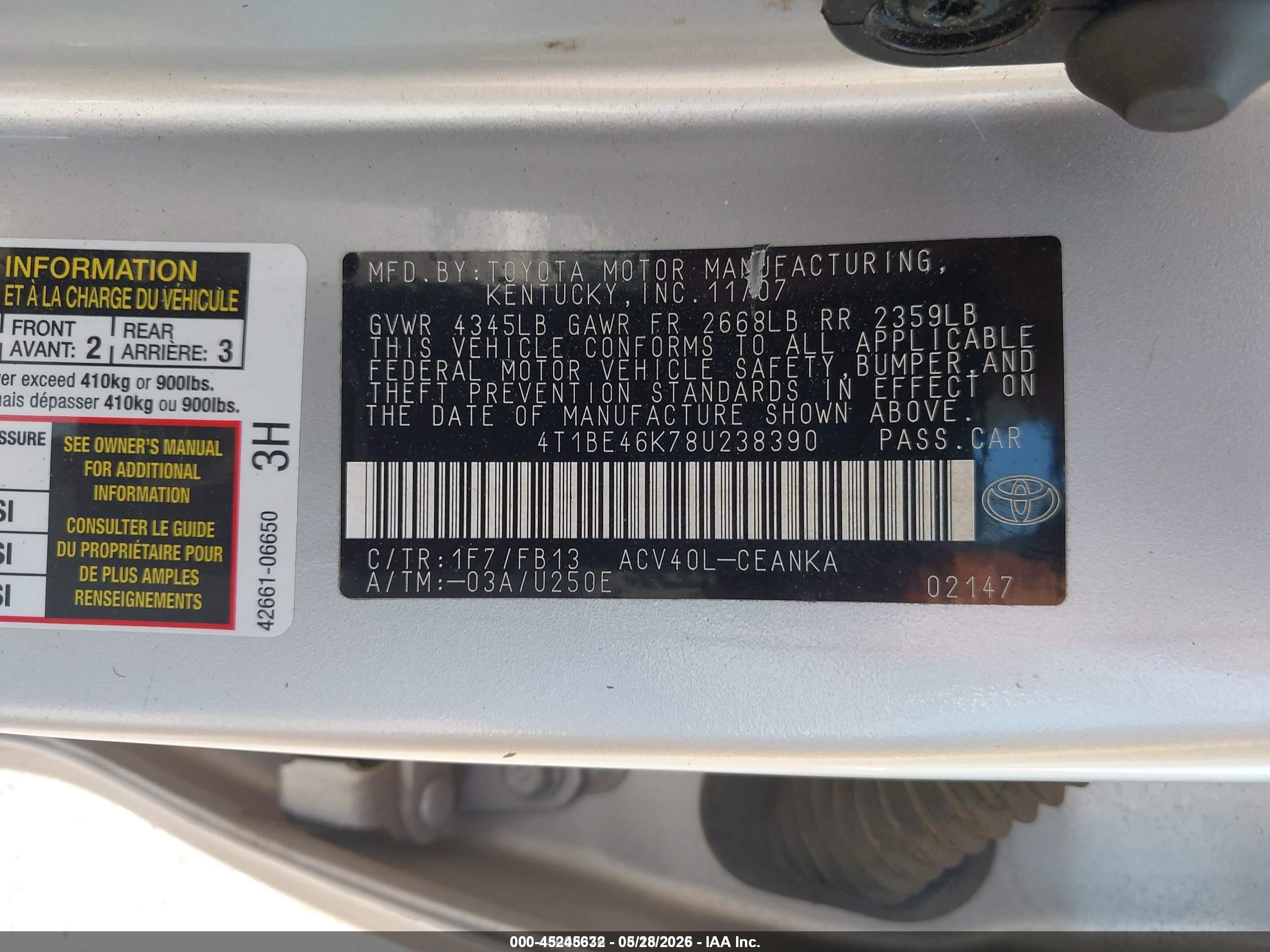 2008 Toyota Camry Le Silver vin: 4T1BE46K78U238390