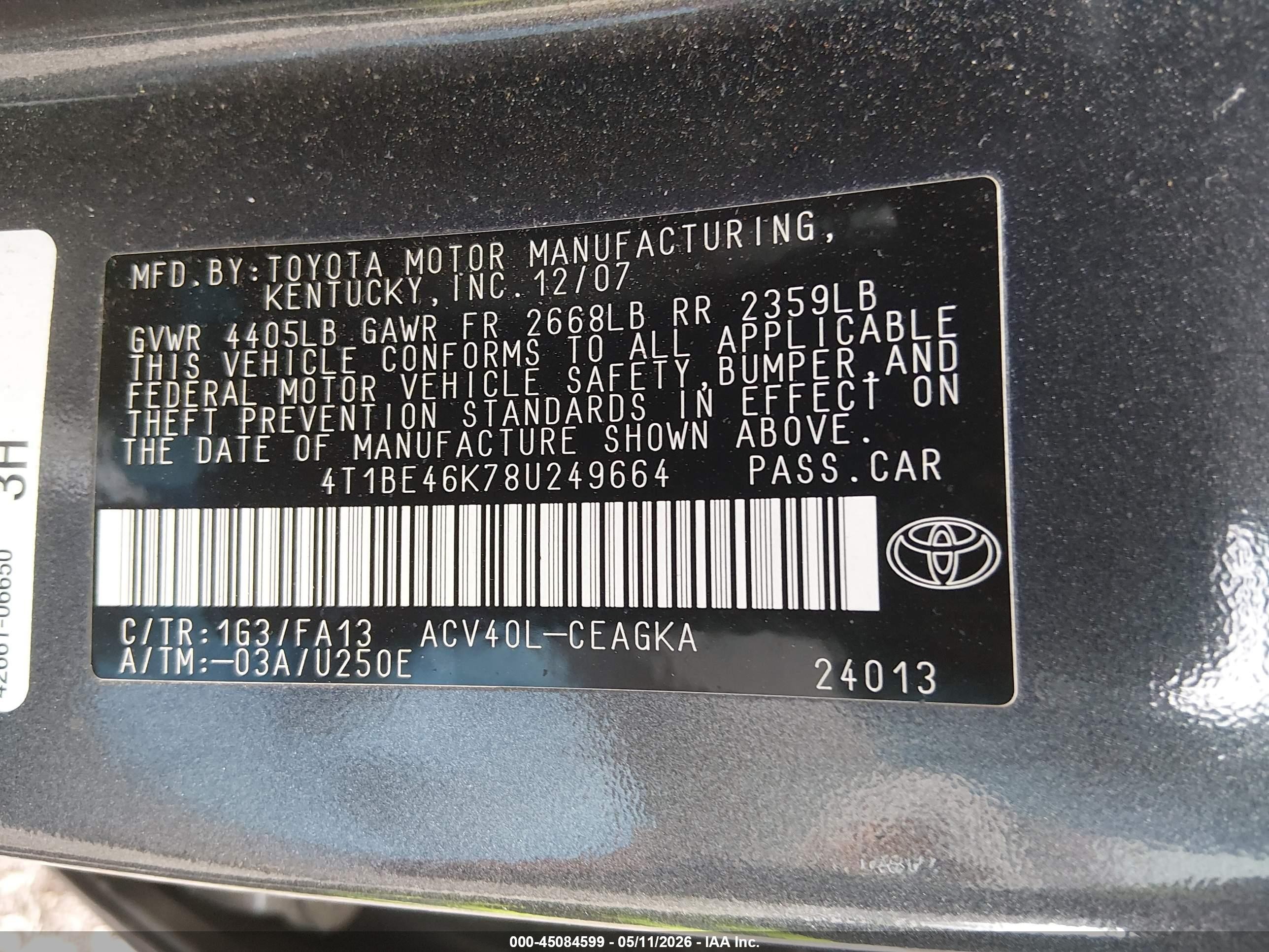 2008 Toyota Camry Xle Gray vin: 4T1BE46K78U249664