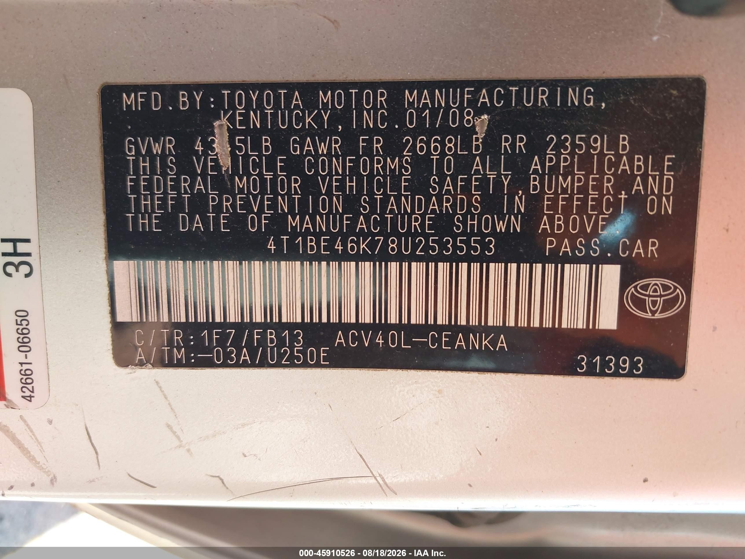 2008 Toyota Camry Le Silver vin: 4T1BE46K78U253553