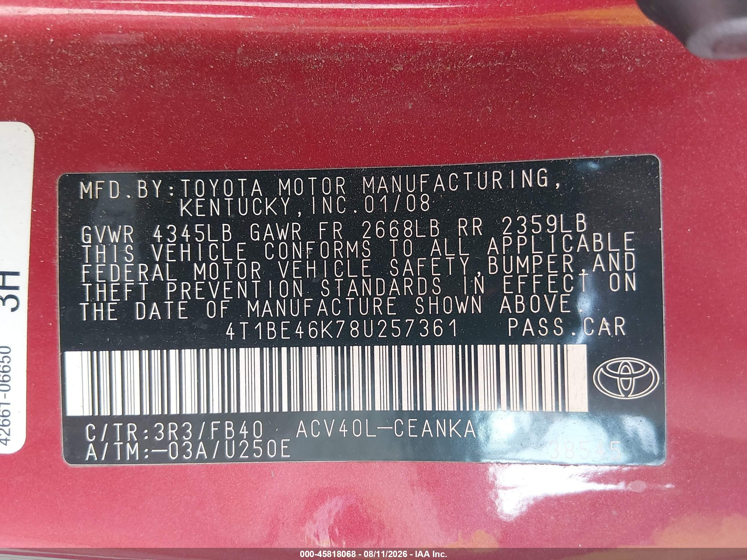 2008 Toyota Camry Le Red vin: 4T1BE46K78U257361