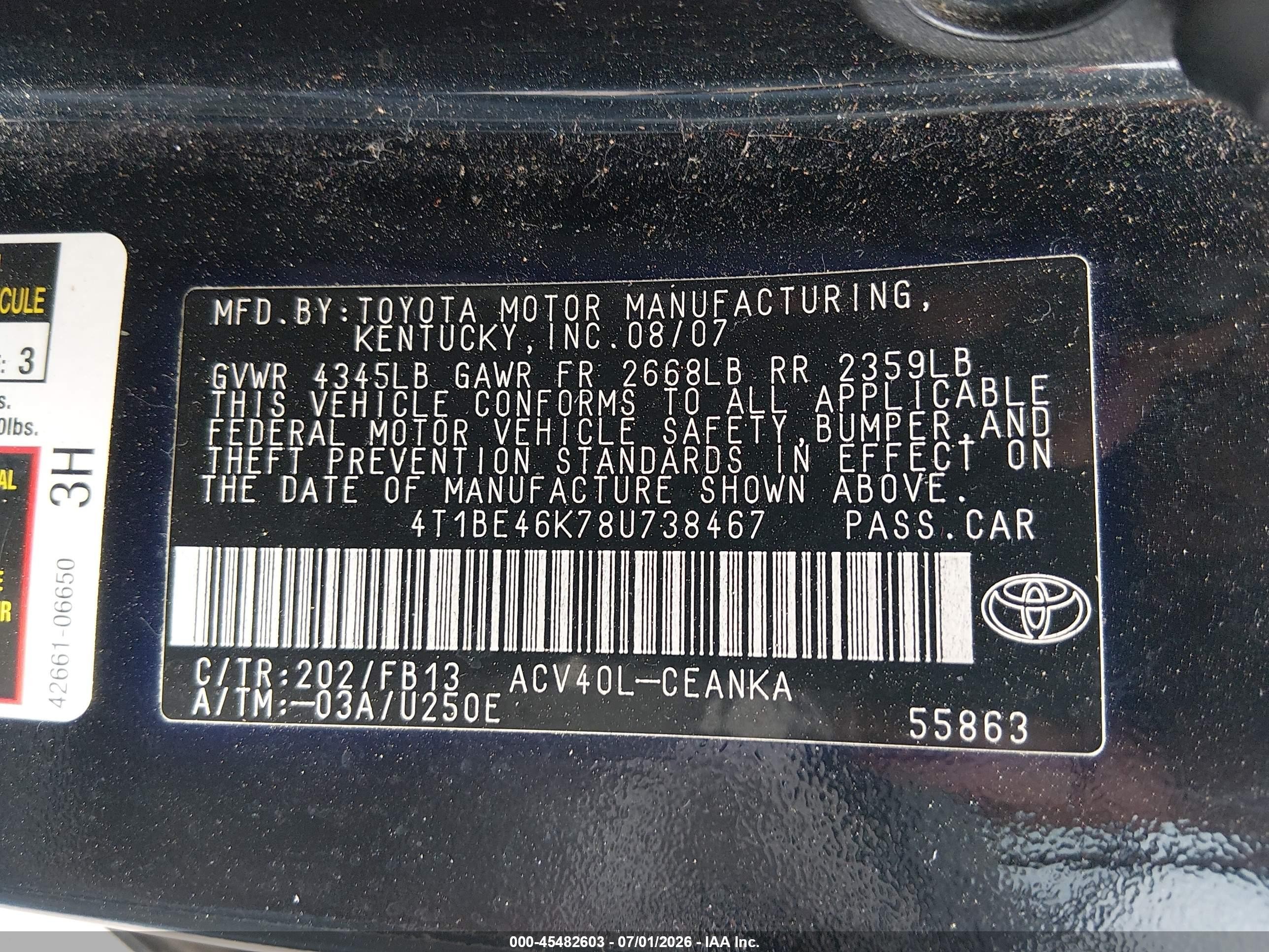 2008 Toyota Camry Черный vin: 4T1BE46K78U738467