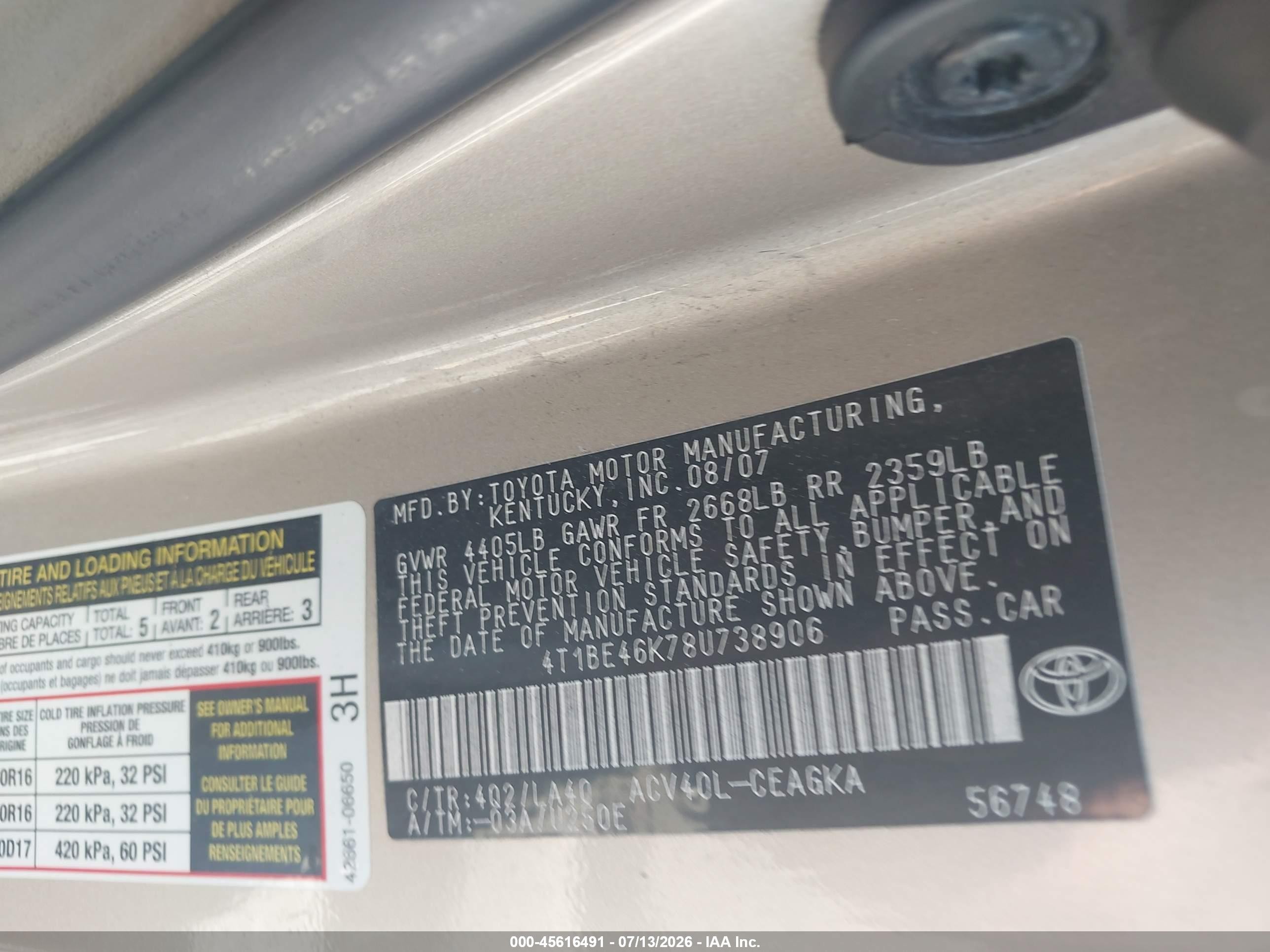 2008 Toyota Camry Xle Tan vin: 4T1BE46K78U738906