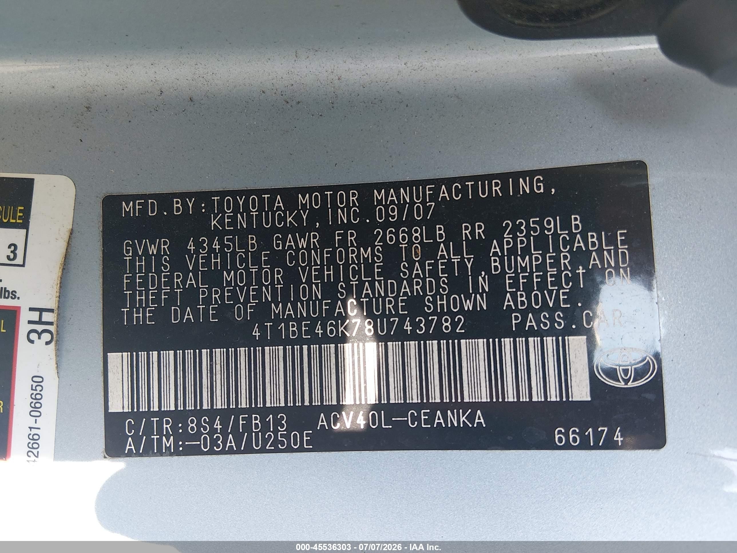 2008 Toyota Camry Le Blue vin: 4T1BE46K78U743782