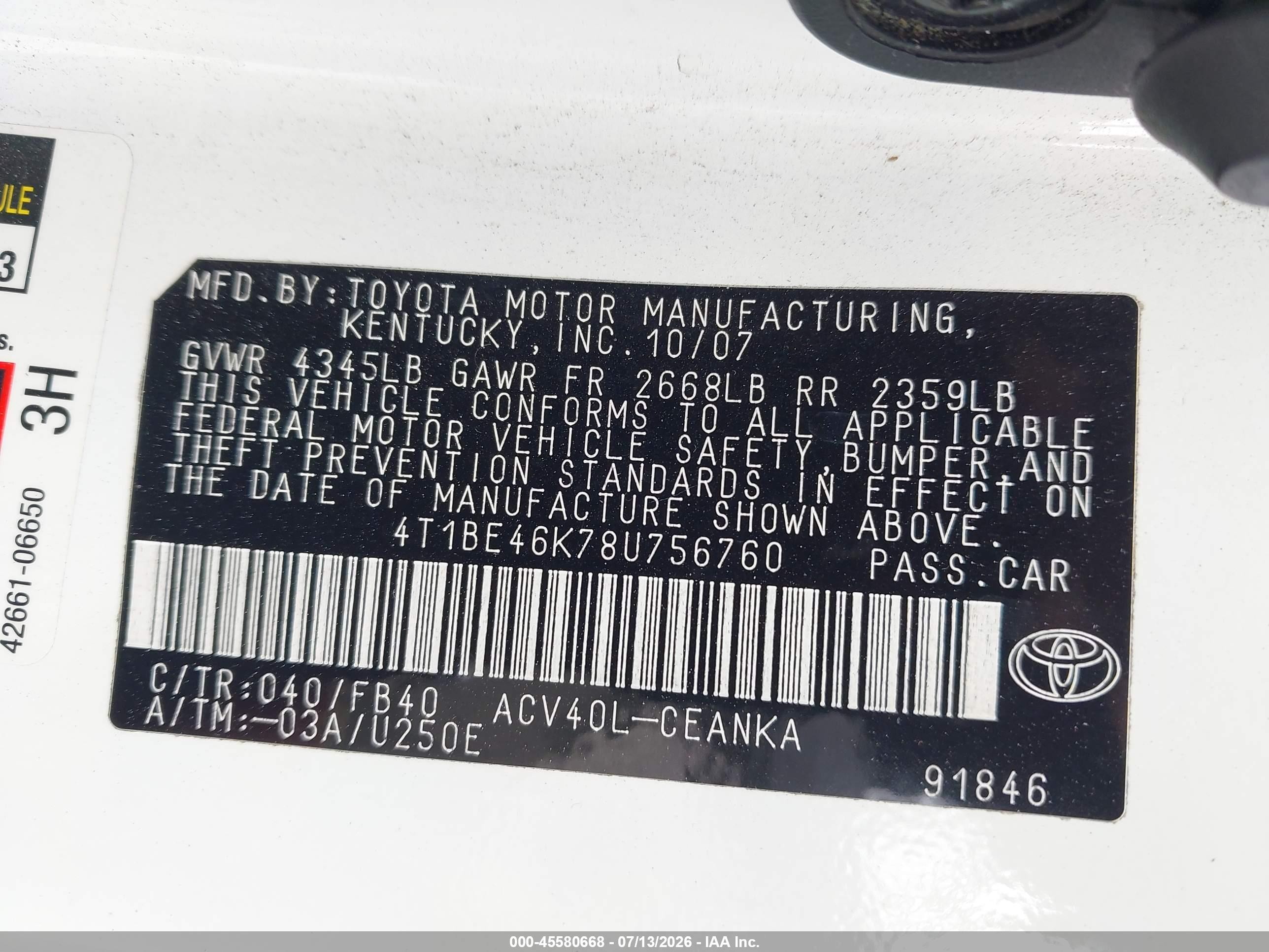 2008 Toyota Camry   White vin: 4T1BE46K78U756760