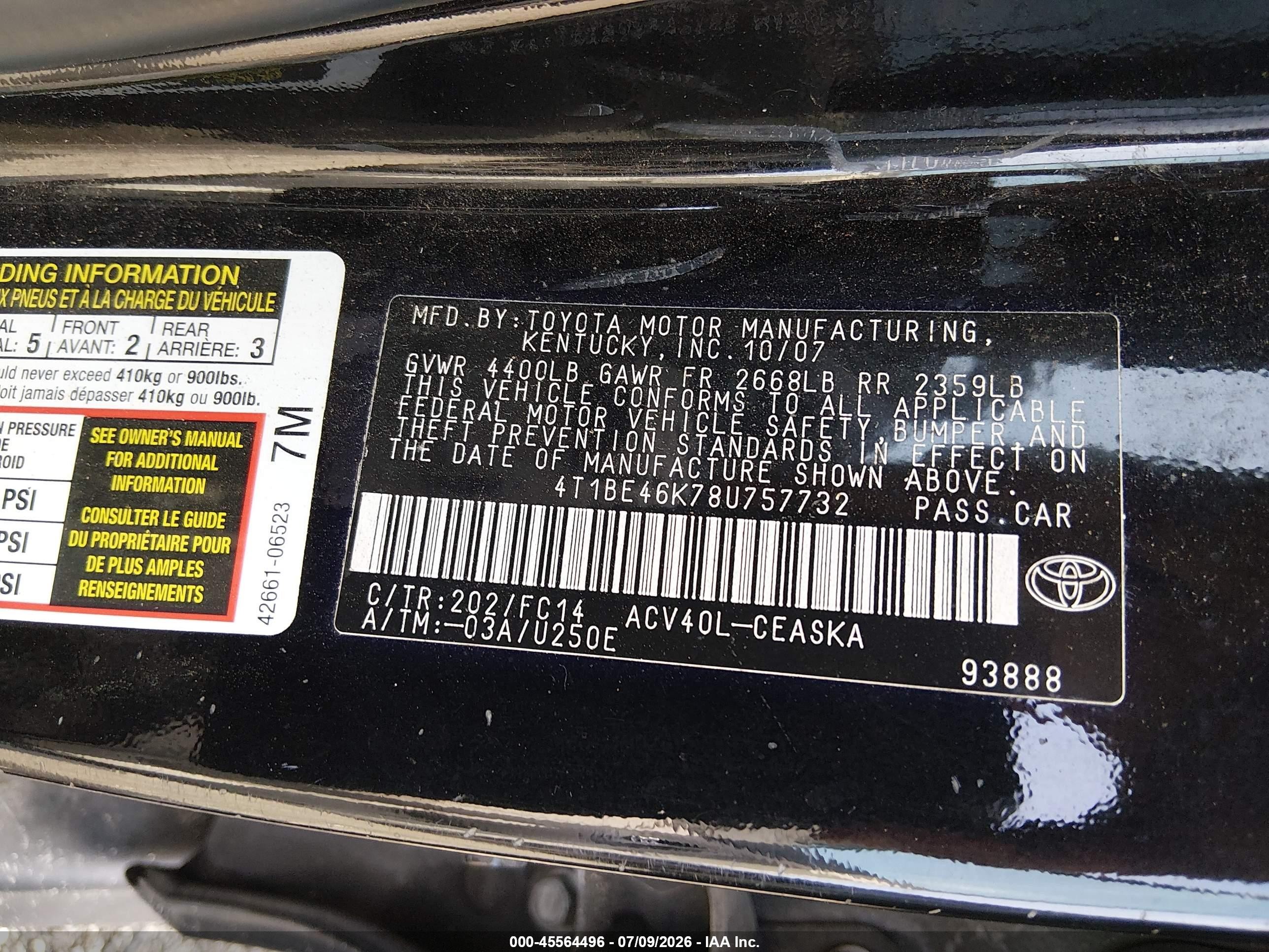 2008 Toyota Camry Se Black vin: 4T1BE46K78U757732