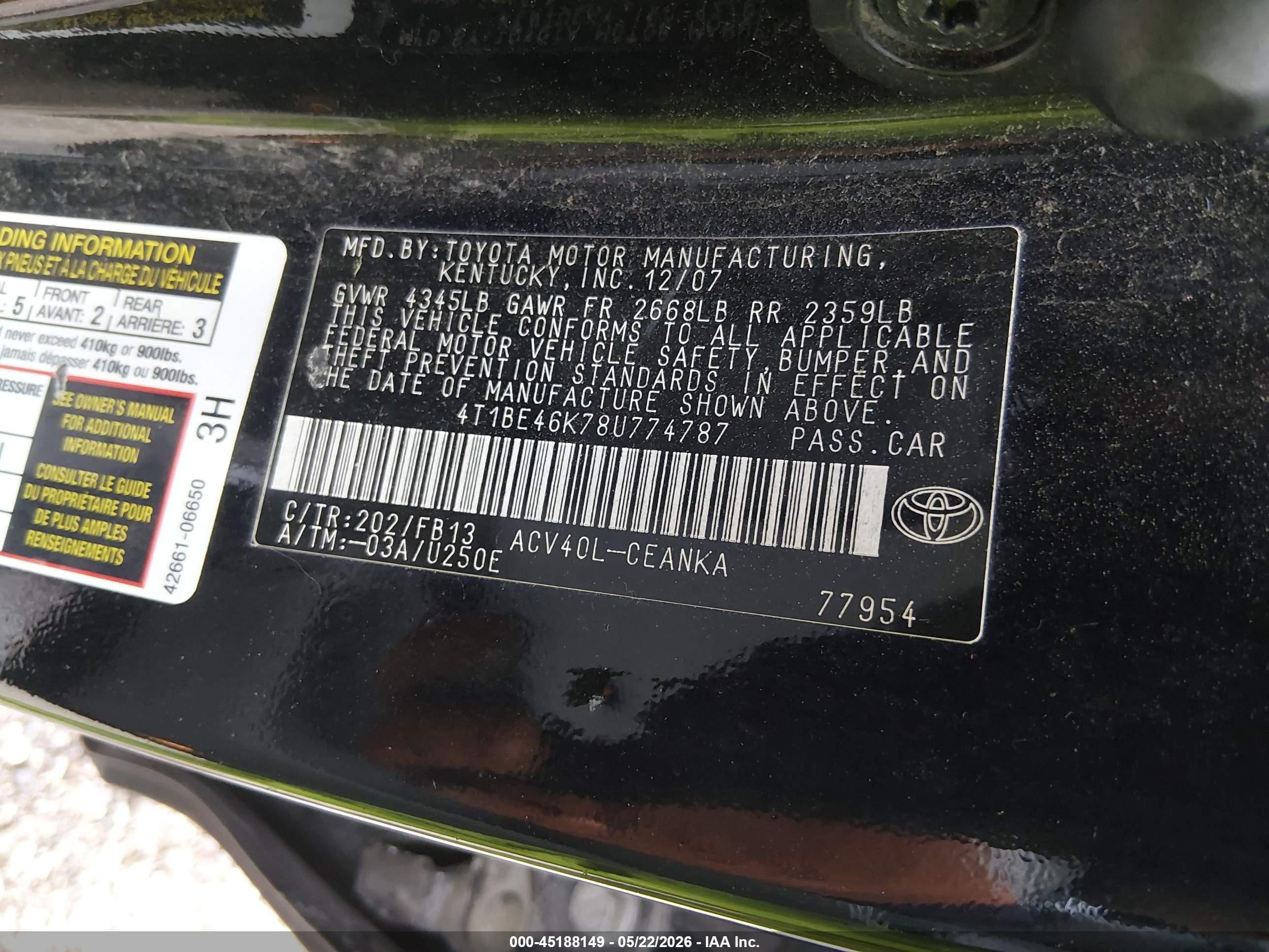 2008 Toyota Camry Le Black vin: 4T1BE46K78U774787